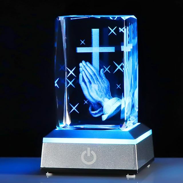 3D Crystal Engrave Praying Hand Christian Gifts for Women Men Religious Gifts Glass Keepsake with Colorful LED Light Stand Decorative Ornaments