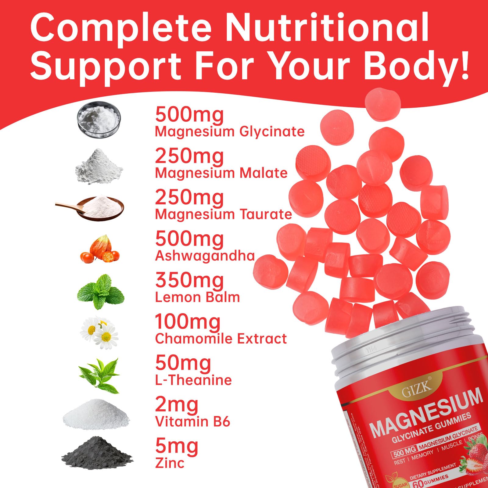 Magnesium Glycinate Gummies 500mg – Sugar Free Magnesium Gummies with L-Theanine - Sleep, Calm, Stress Relief for Adults & Kids 4+, Vegan, No Melatonin (Strawberry Flavor, 60 Count) — Amazon image 5