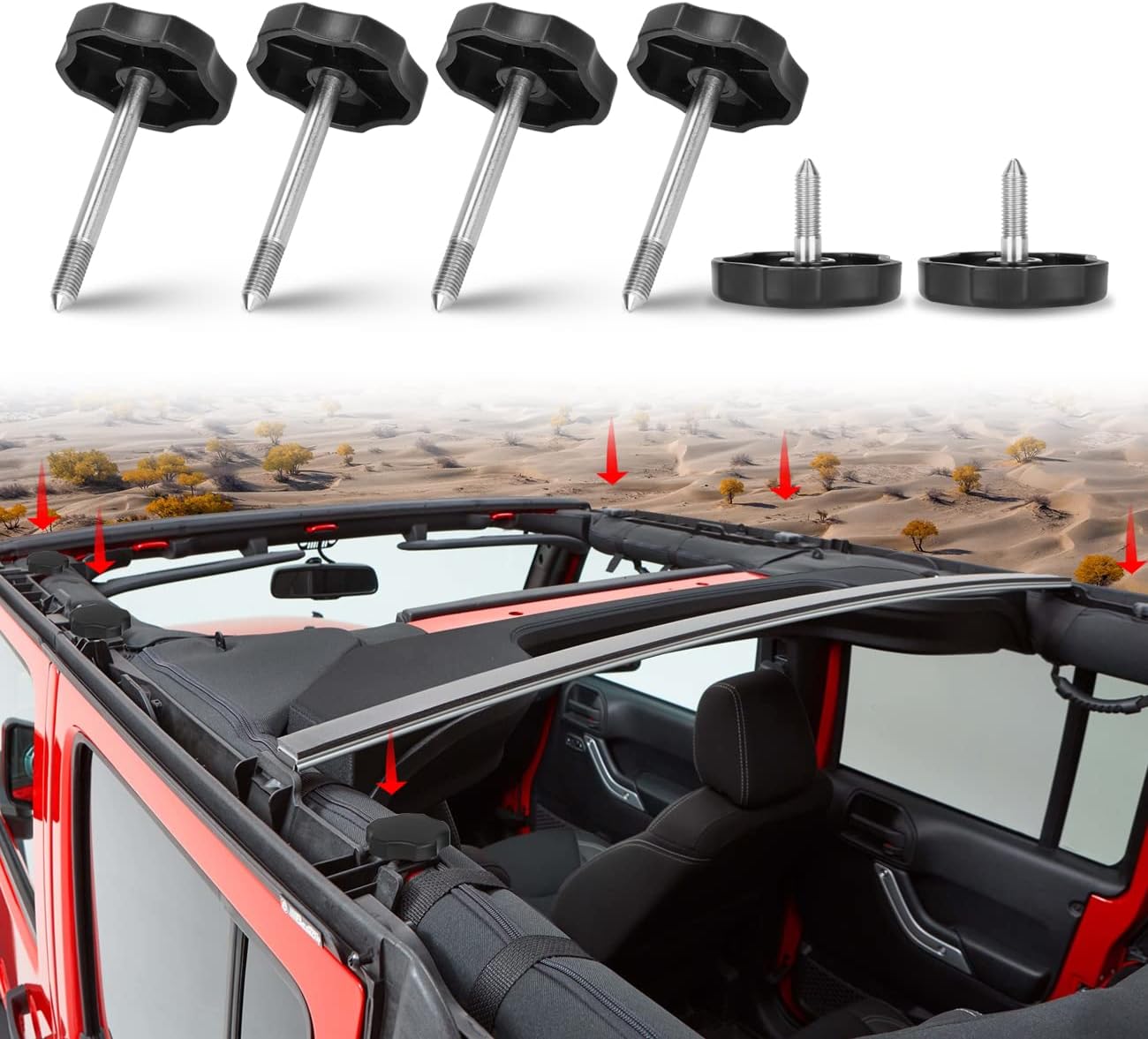 MFC Soft Top Window Frame Knobs Screws Door Surround Knobs Kits with Pin Compatible with for Jeep Wrangler JK 4-Door 2007-2018 6 PCS (2 Short+4 Long)