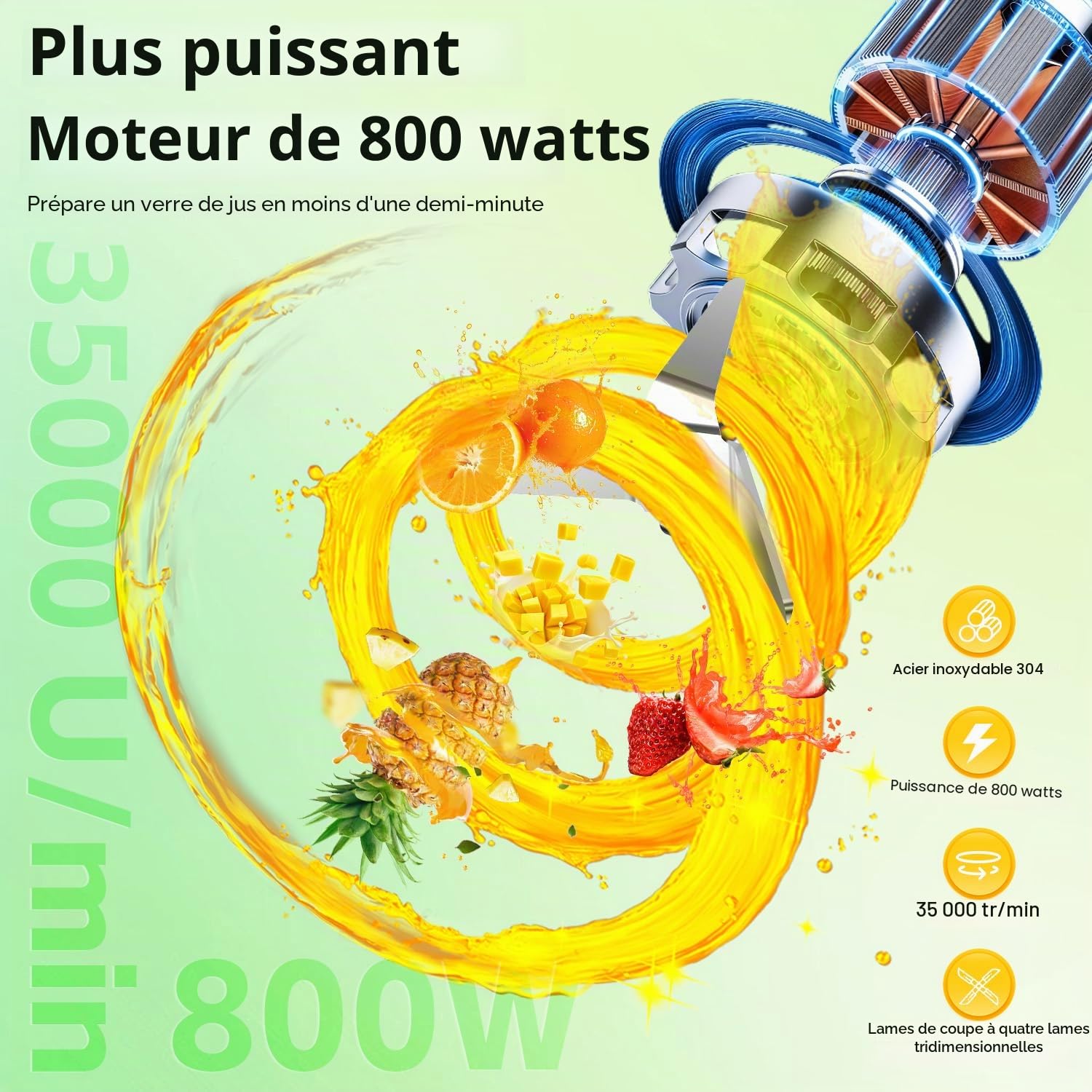 KITCANIS Mini Smoothie Maker 3 en 1, Mixeur électrique 800W, 3 vitesses réglables 2 bouteilles portables de 600 ml et 300 ml tasse de broyage pour glace, fruits, légumes, noix