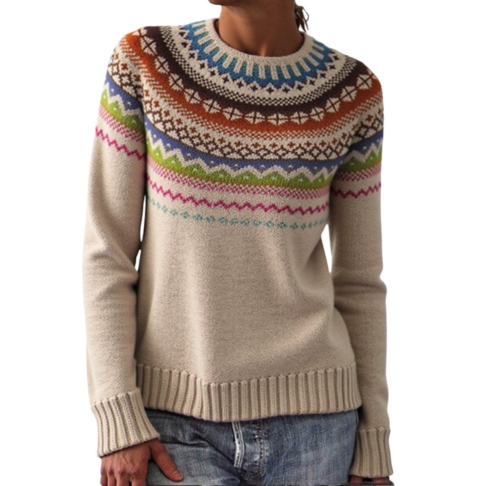 Womens Fair Isle Sweater Fall Vintage Boho Sweater Christmas Patterned Chunky Knit Sweaters Cozy Long Sleeve Pullover