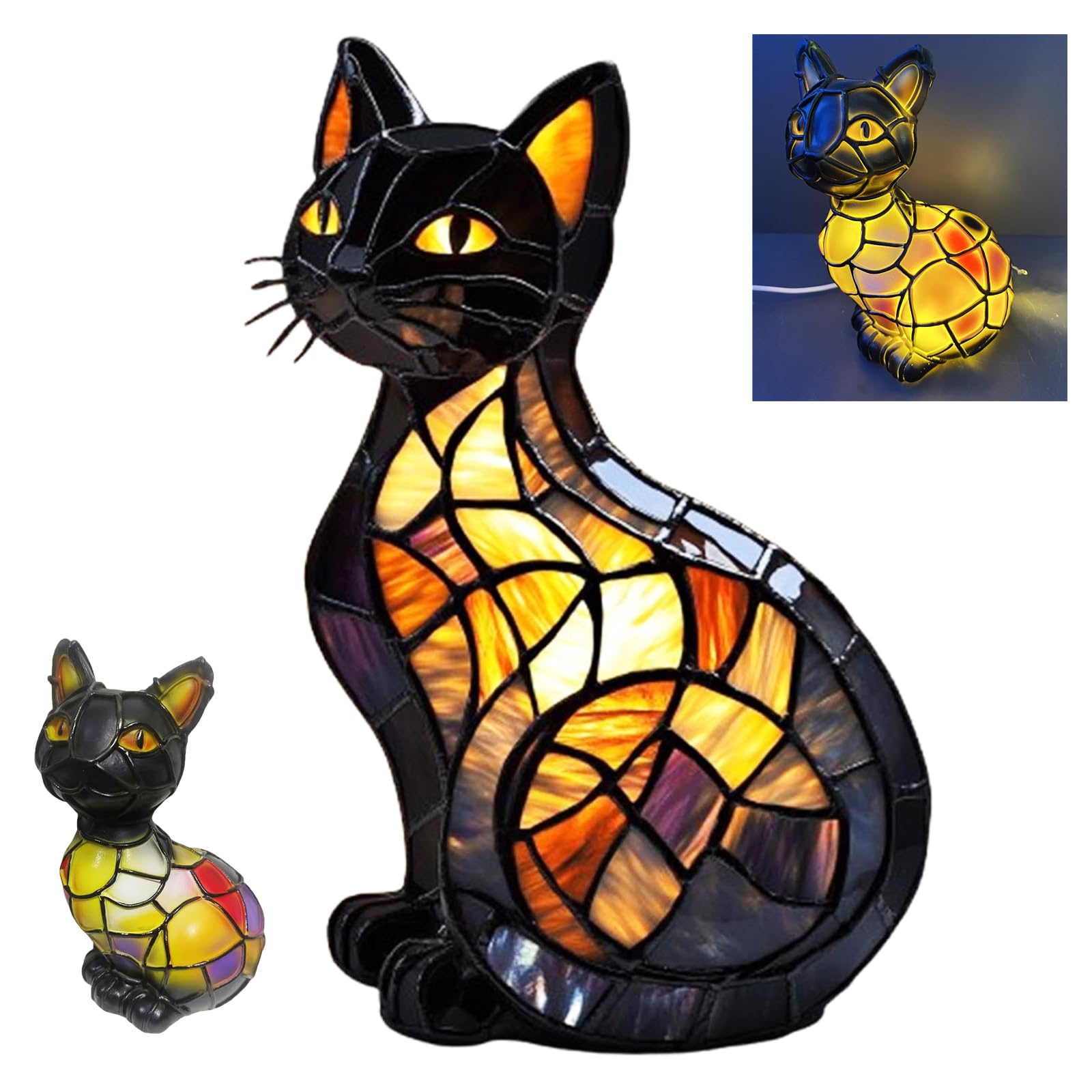 Cat Lamp, Retro Cat Stained Resin Night Light– Animal Table Lamp for Lovers, Stylish Home Decor Lighting (B)