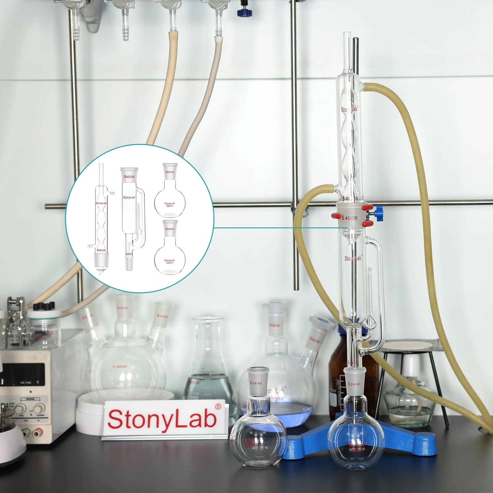 stonylab Apparecchio per Estrazione di Soxhlet in Vetro Borosilicato, 40/38 Estrattore Soxhlet e Condensatore Allihn con Due Palloni a Fondo Piatto 24/40 da 250 ml Essenziali Estrazione in Laboratorio
