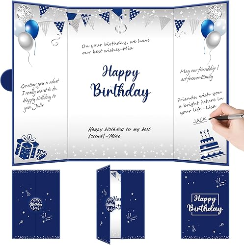 Eiurteao Decoraciones de libro de invitados de cumpleaños azul plateado para hombres y niños, suministros de fiesta de libro de feliz cumpleaños