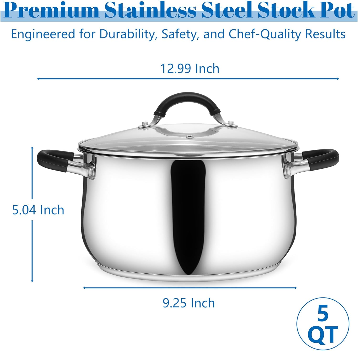 E-far 5Qt Stainless Steel Pot, Stock Pot with Glass Lid for Cooking Pasta Soup Sauce, Tri-Ply Induction Thick Base & Cool-Touch Handles, All Stoves & Dishwasher Safe - Image 2