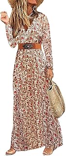 MessBebe Women's Boho Floral Print Maxi Dress V-Neck Short Sleeve High Waist Summer Dress with Belt