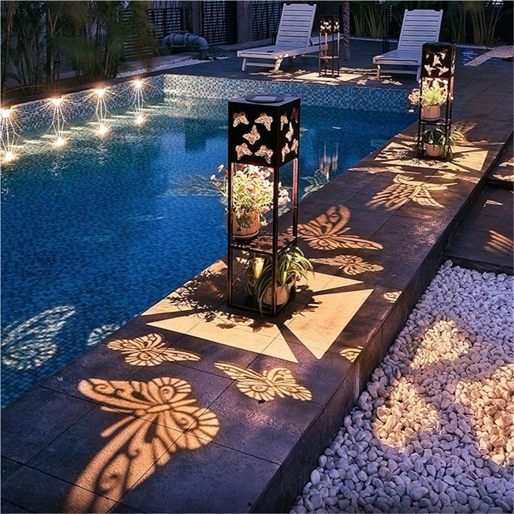Outdoor Floor Lamp, Solar Lights with Plant Stand, Waterproof Outdoor Metal Flower Shelf Solar Lights, Landscape Lighting for Yard, Patio, Lawn, Pathway, Garden, Porch Decor(A)