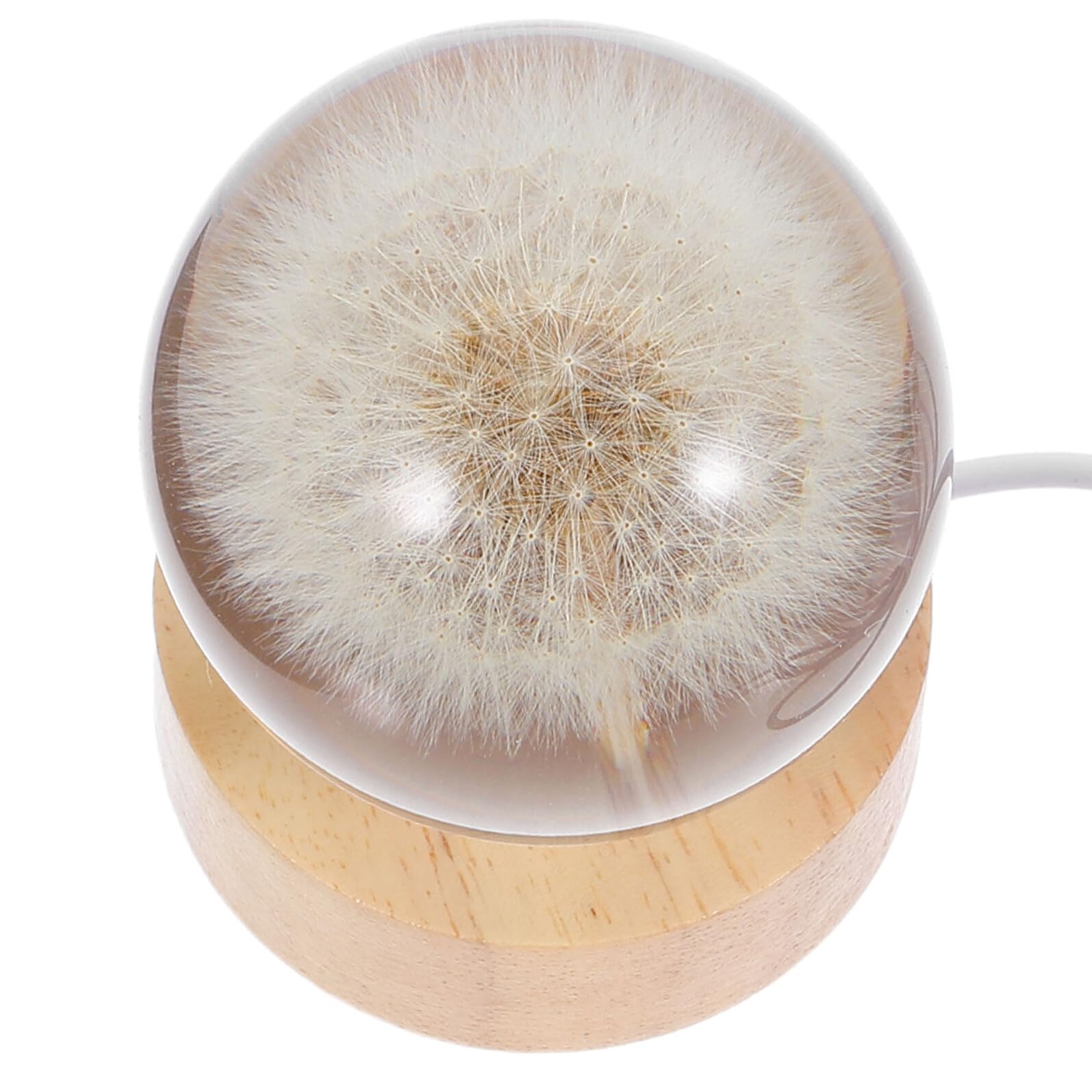 SHINEOFI Lampada da Tavolo in Cristallo 3d a Sfera con Incisione Tarassaco, Luce Notturna Decorativa USB con Base in Legno Massello, Globo Luminoso per Atmosfera Calda e Regalo Elegante