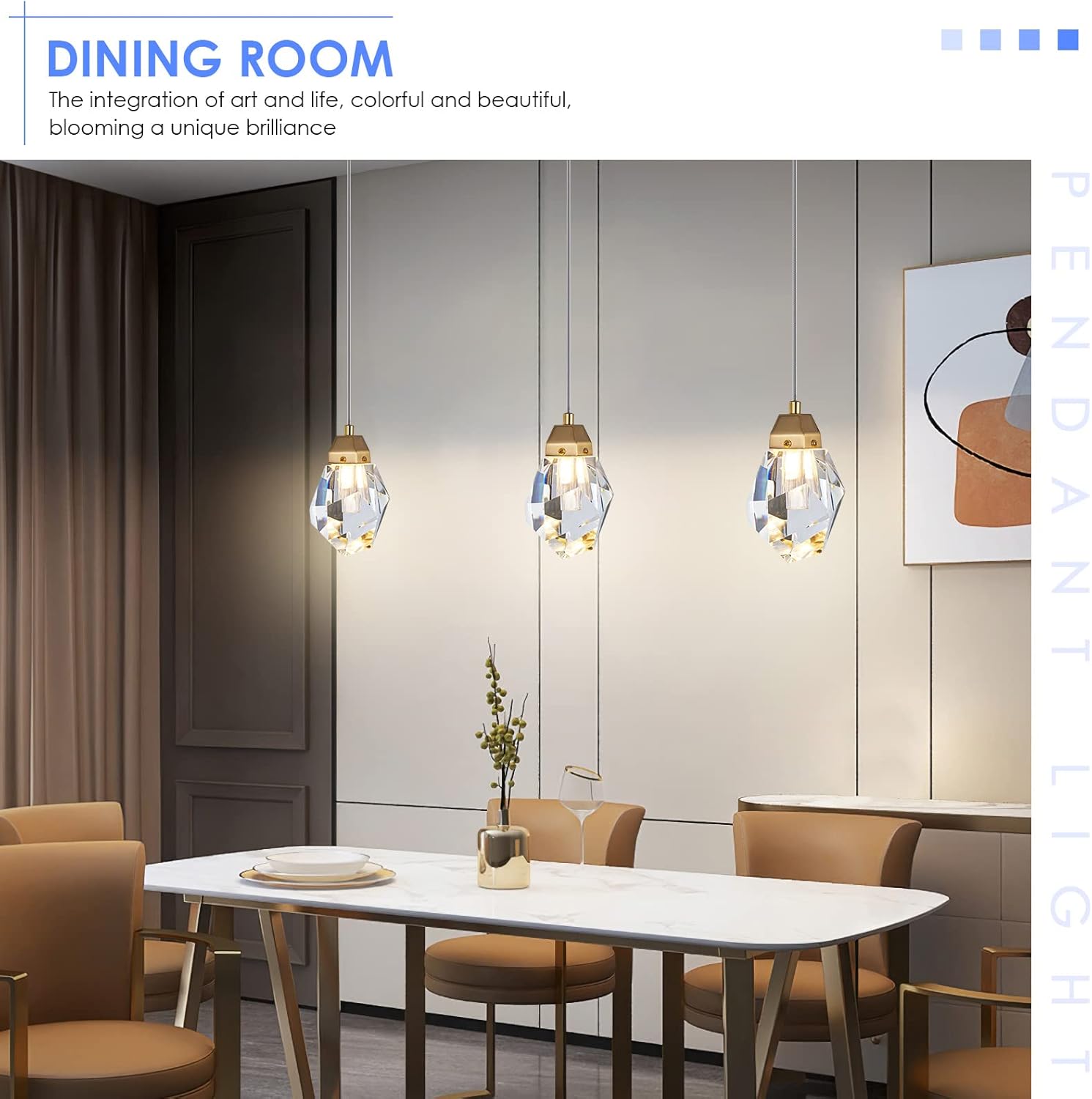 Diamond Crystal Pendant Light, 2 Pack Mini Ceiling Hanging Light in Gold Brushed Brass Finish Prism Crystal Color Changing Led Hanging Light for Kitchen Island Bathroom Bedroom Bar