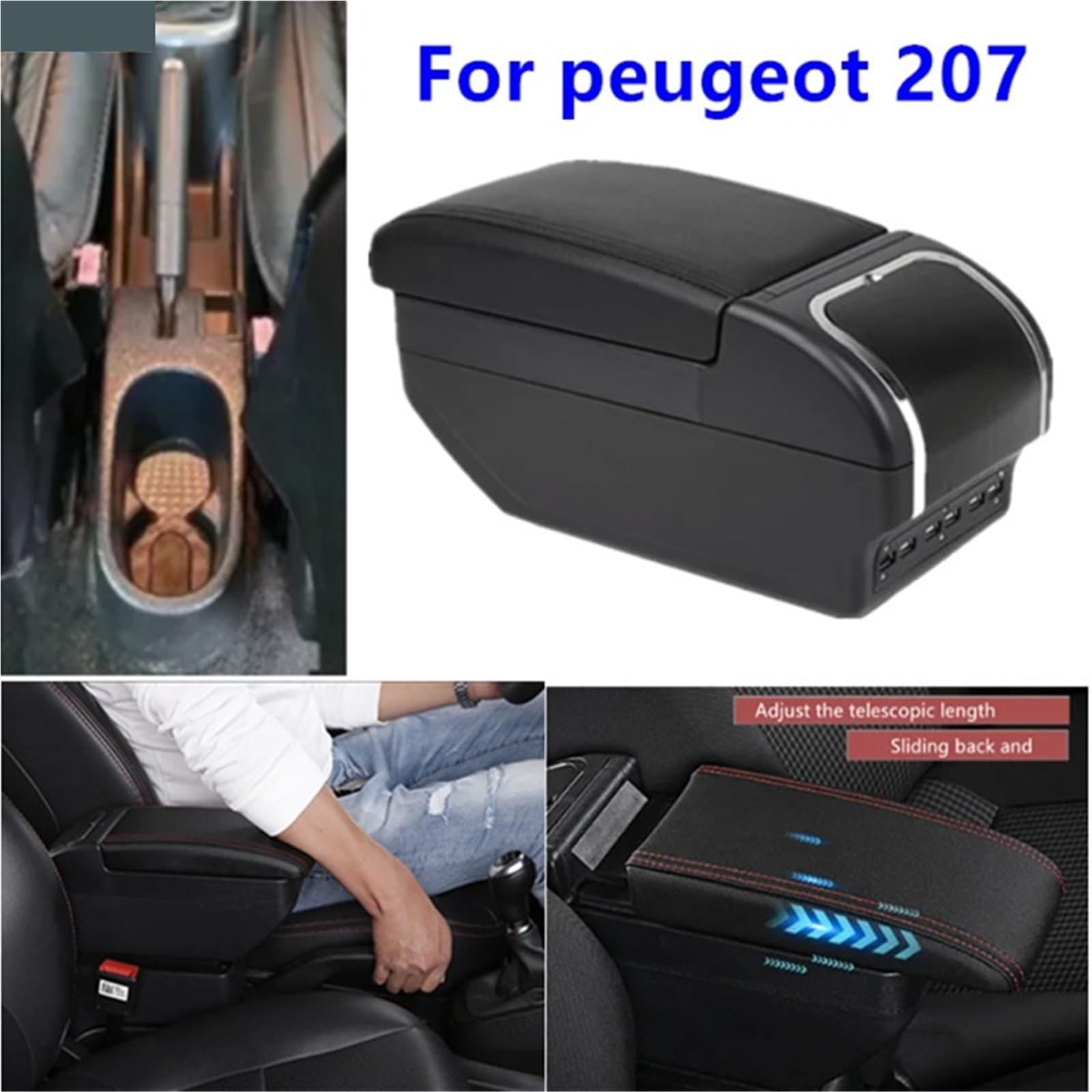 Ochrona Podłokietnika Pokrowiec Pasuje do Peugeot 207, pasuje do Peugeot 207CC, schowek w podłokietniku, centralny schowek, uchwyt na kubek, modernizacja