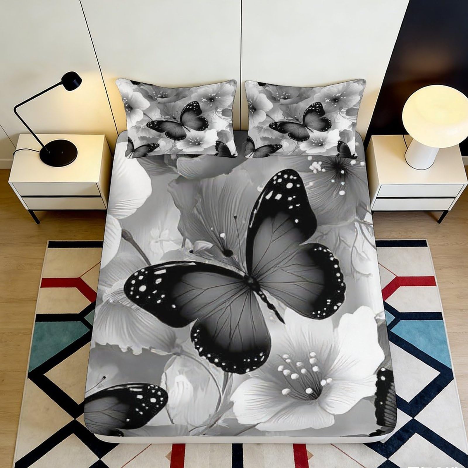 3D Printed Black Butterfly Fitted Sheet Microfiber Soft Floral Mattress Cover for Bedroom Guest Dorm Protective Decor 90x200x25cm