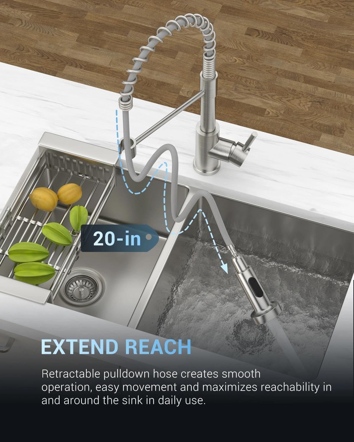 APPASO Niederdruck Armatur Küche, KTW-zertifizierten Heiß- und Kaltschläuche und Kartusche, Gebürsteter Edelstahl Wasserhahn Küche mit Brause Ausziehbar 2 Modi 360°drehbarer, Frühling küchenarmatur
