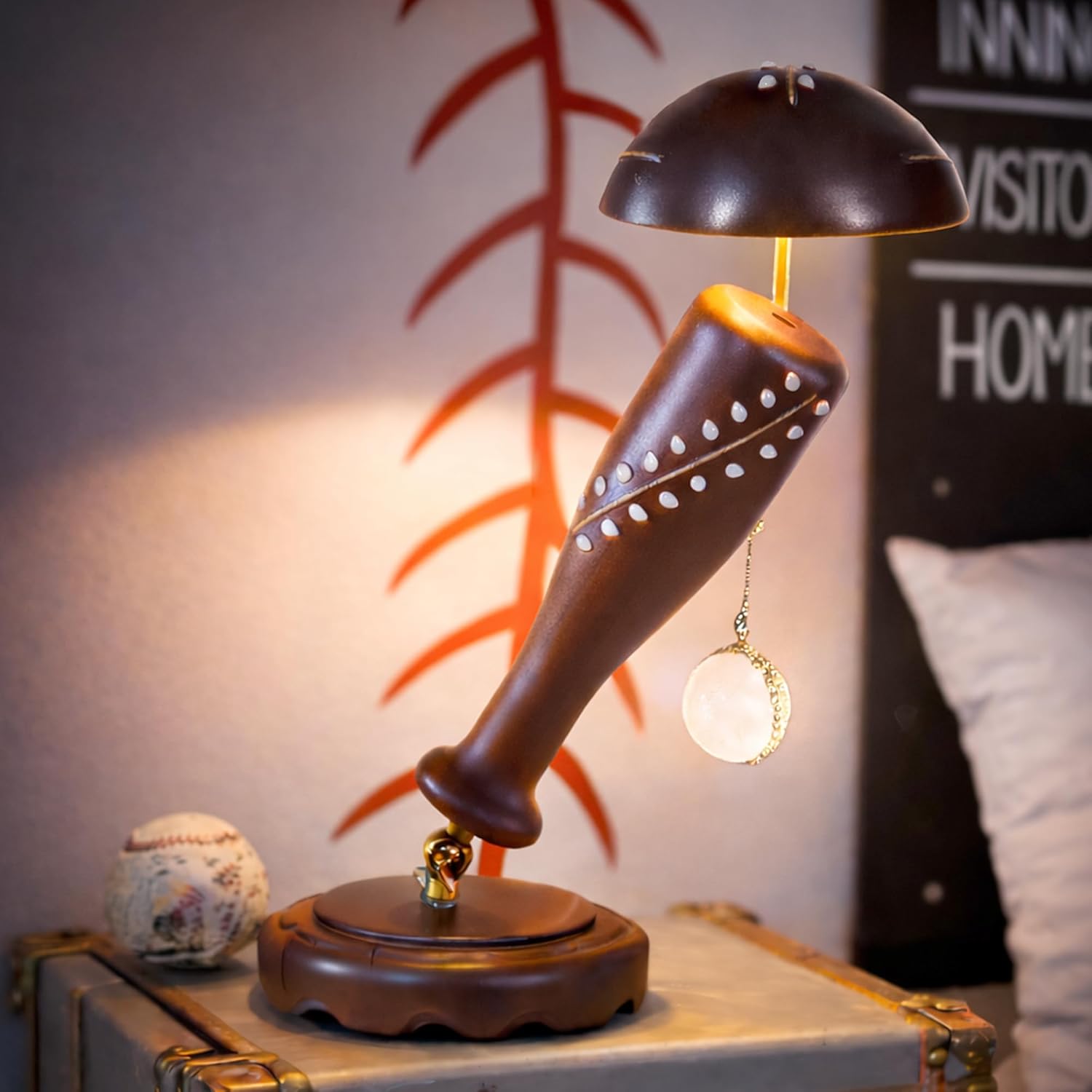 Handmade Baseball Desk Lamp with Quartz Stone Inlay, Creative Bedside Night Light, Warm Light Table Lamp for Dorm, Office, Living Room, Unique Gifts for Boys, Men, Women - A10