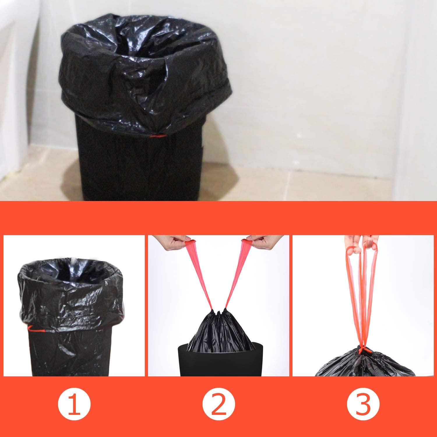 ASelected 200 pièces 50L-60L Sacs Poubelle Anti-Fuite Ultra Résistant Poignées Lien Coulissants Lot de 10 rouleaux Taille Large 71 x 64 cm Noir