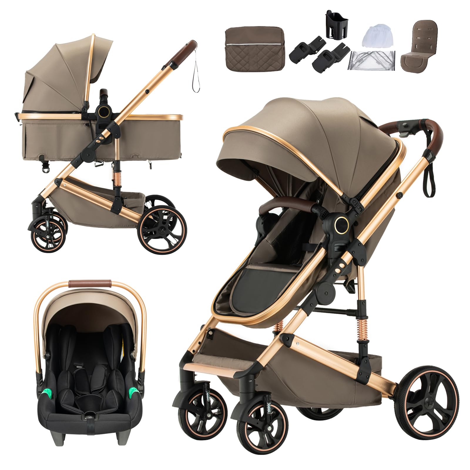 Mobayta 3-in-1 Complete pram Set, 0-4 Years, up to 22 kg, Combi pram Travel Systems for Newborns and Infants (Brown H9, H9)