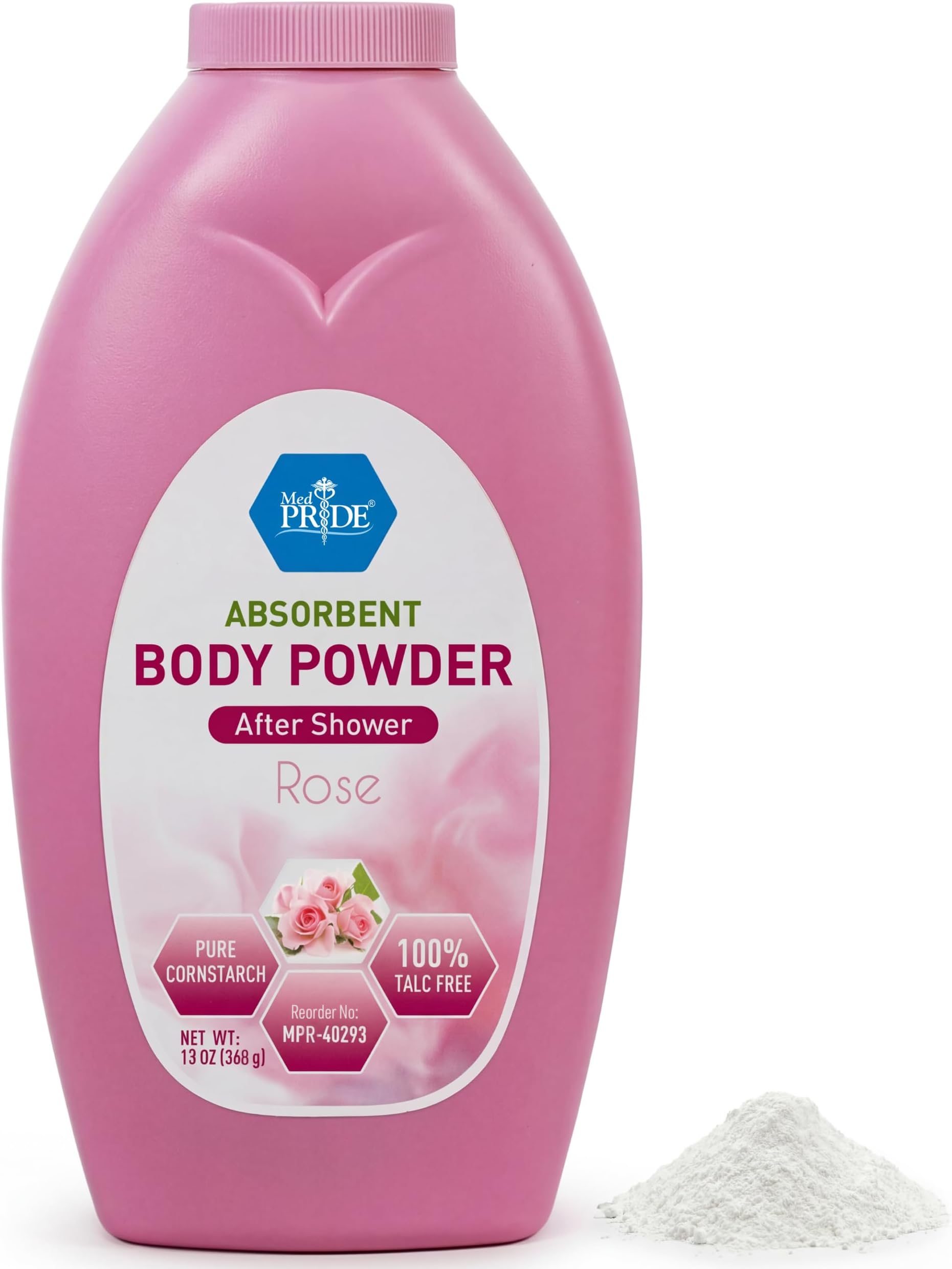 MED PRIDE Talc Free Cornstarch Body Powder with Rose Scent, Moisture Absorbing Skin Care for Daily Freshness, Cruelty Free Formula, 13 Ounce Bottle
