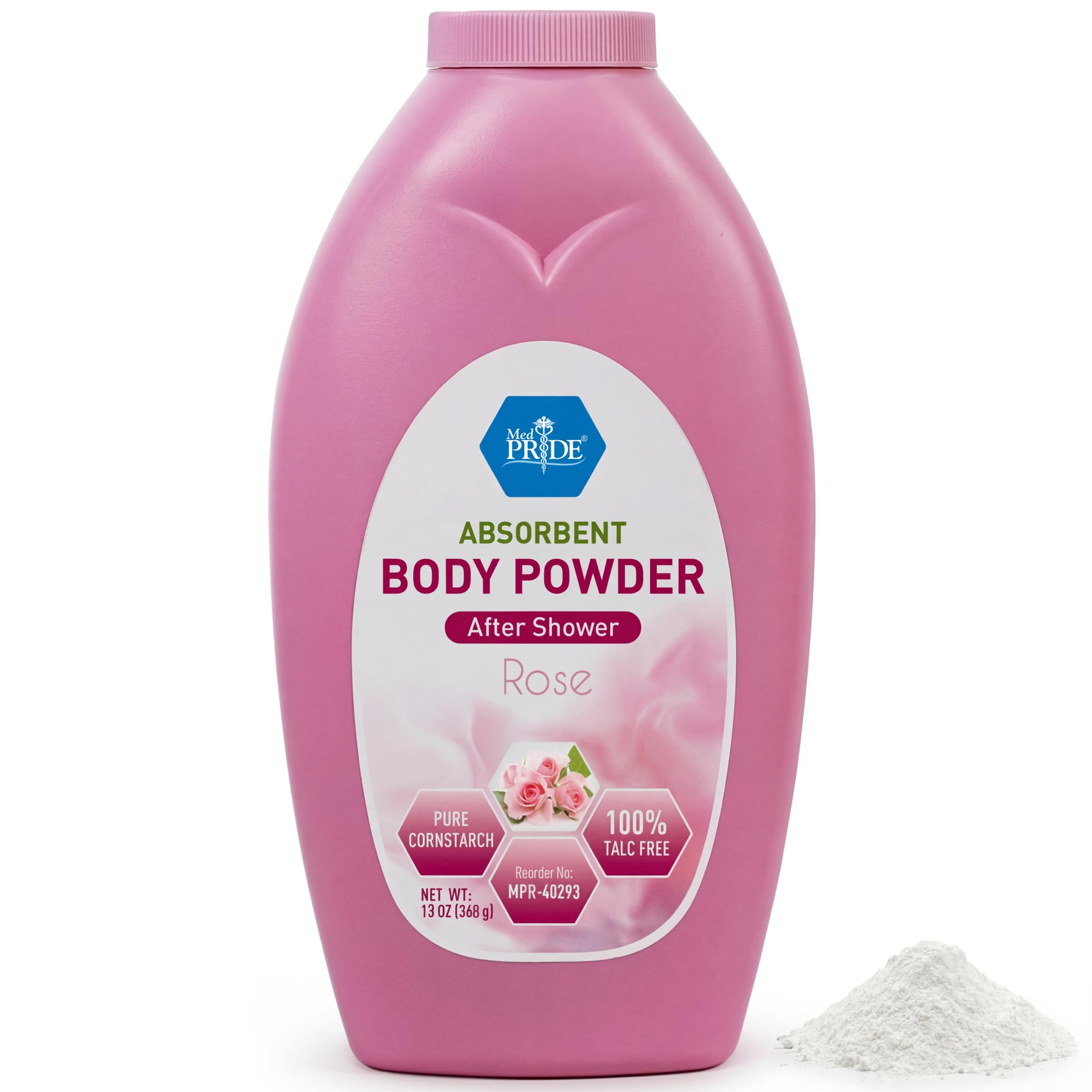 MED PRIDE Talc Free Cornstarch Body Powder with Rose Scent, Moisture Absorbing Skin Care for Daily Freshness, Cruelty Free Formula, 13 Ounce Bottle