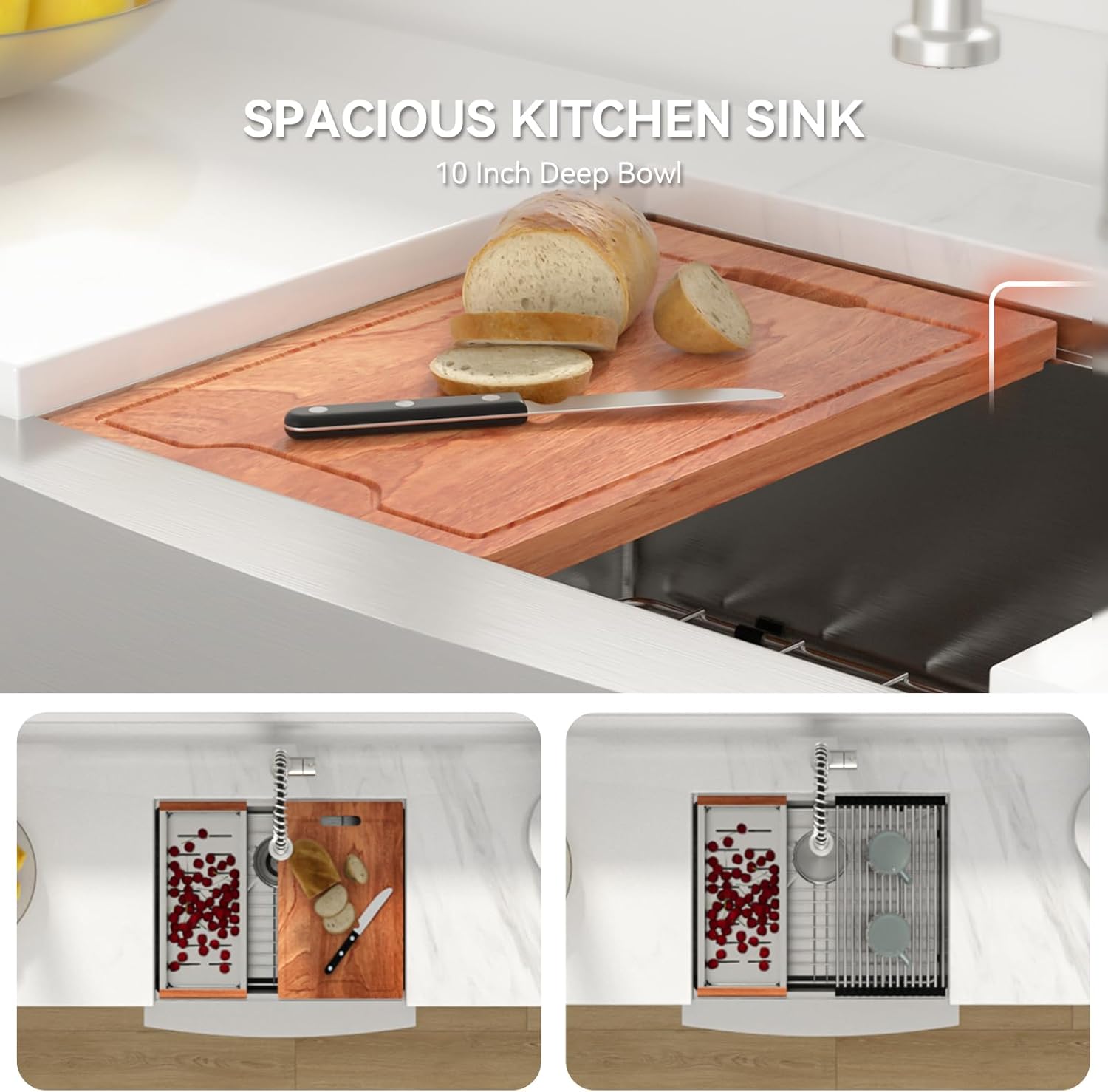 Spacious kitchen sink with cutting board and colander in use