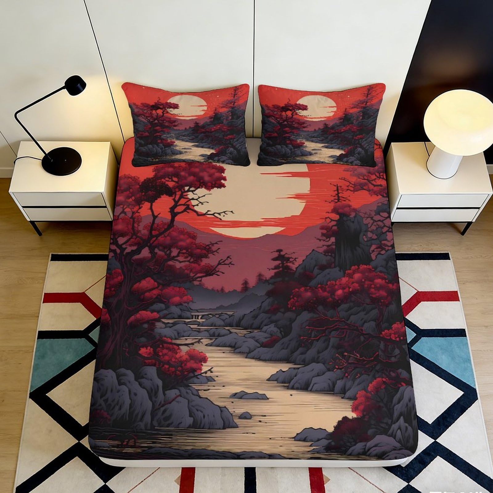 3D Printed Red Sunset Landscape Fitted Sheet Microfiber Art River Bed Cover for Bedroom Guest Room Decor Protection 90x200x25cm