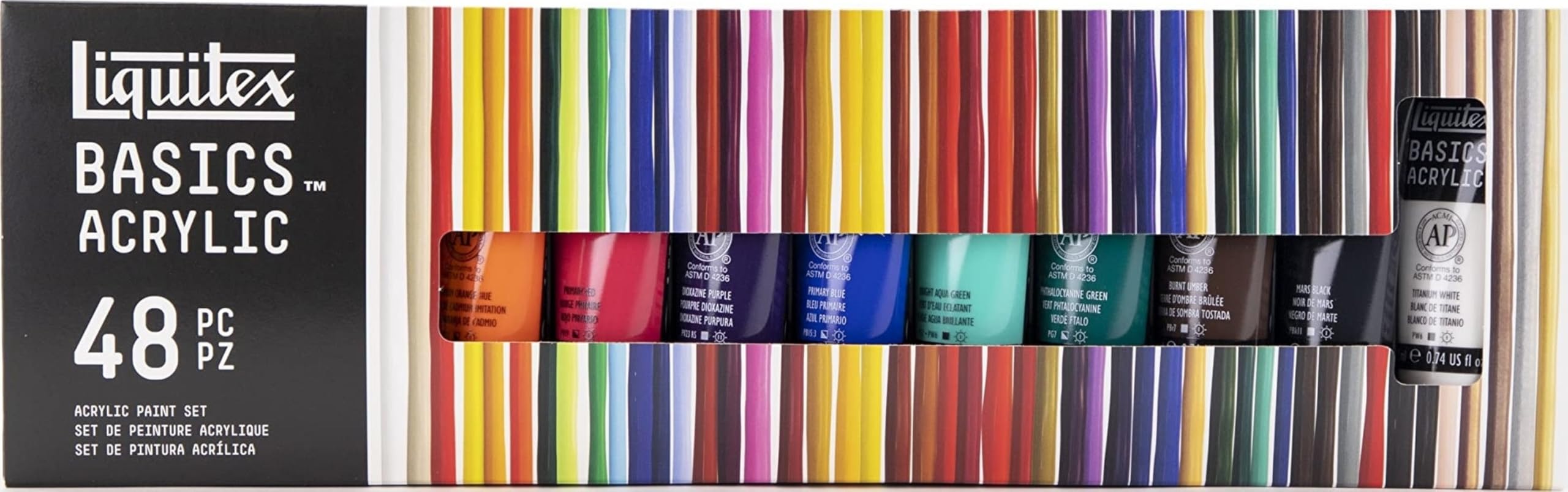 BASICS Acrylic Paint Set, 48 x 22ml (0.74-oz) Tube Set | Medium Viscosity, Satin Finish, Lightfast, Fine Art Pigments, Range of Opacities, Easy Blending