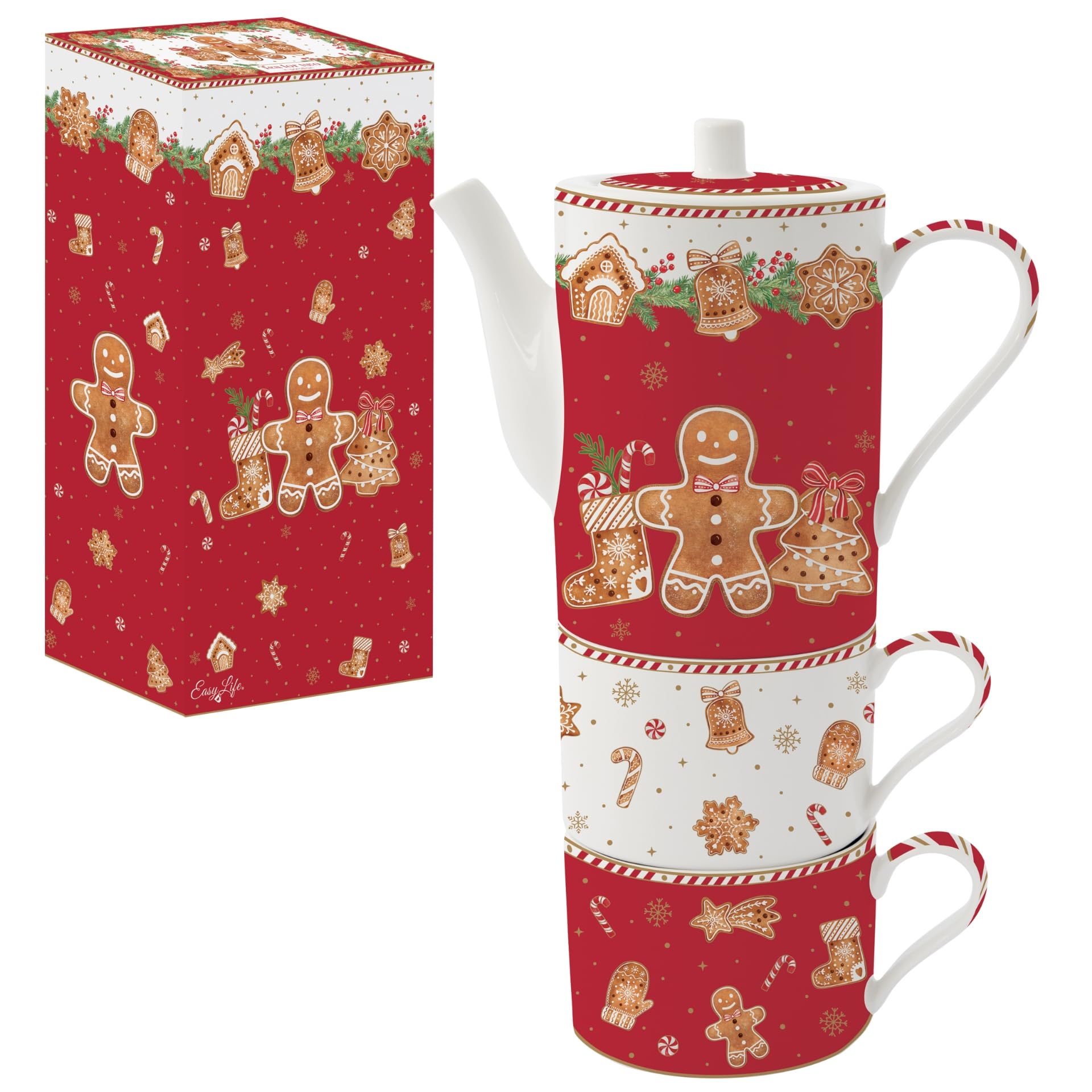 Théière 50cl porcelaine fine et tasses empilables Fancy Gingerbread