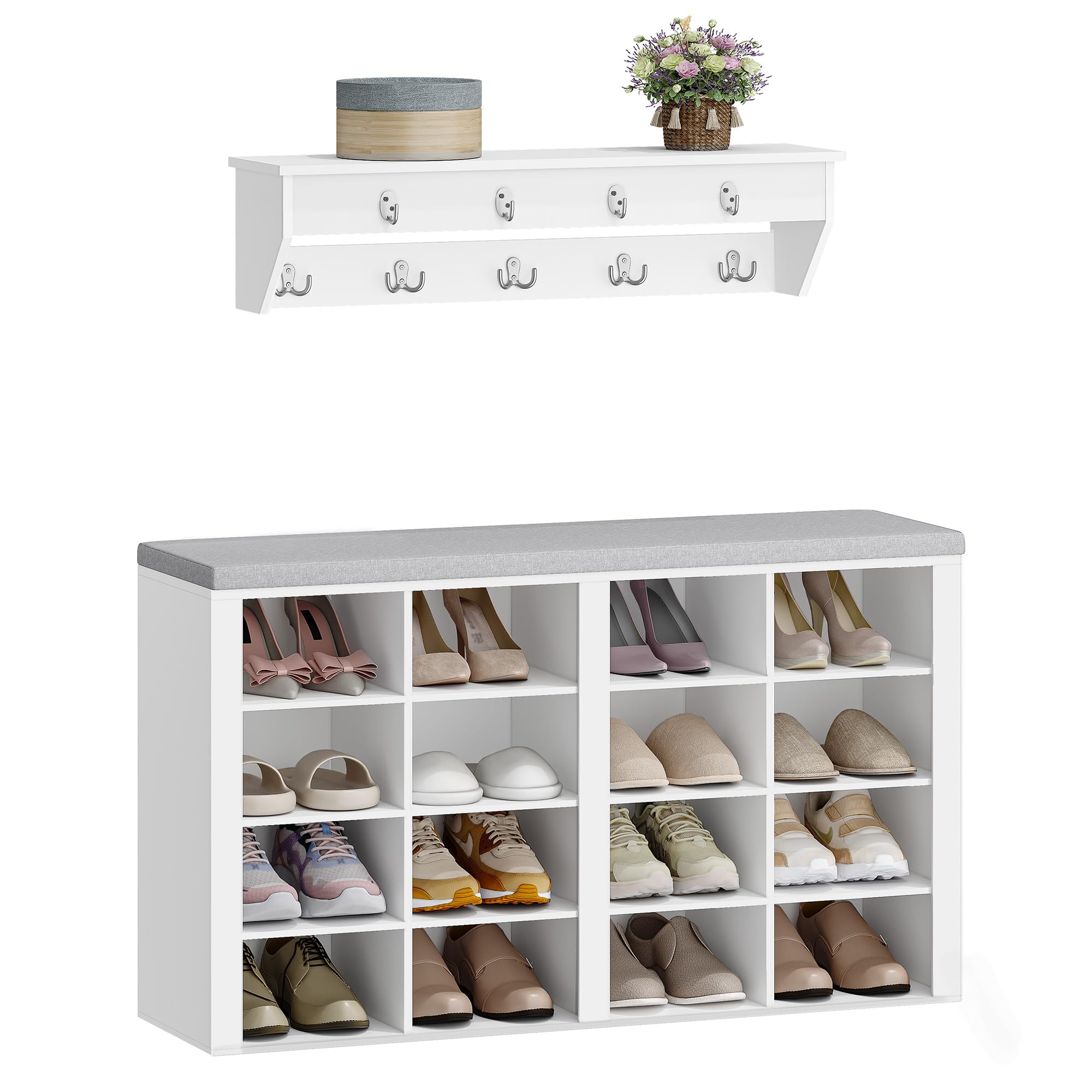 Hzuaneri Shoe Storage with Seat and Coat Hooks, Shoe Bench with 16 Open Compartments and Wall Rack, Coat Rack with 9 Hooks, Adjustable Shelves for Hallway, Living Room, Bedroom, White, HT56603GY