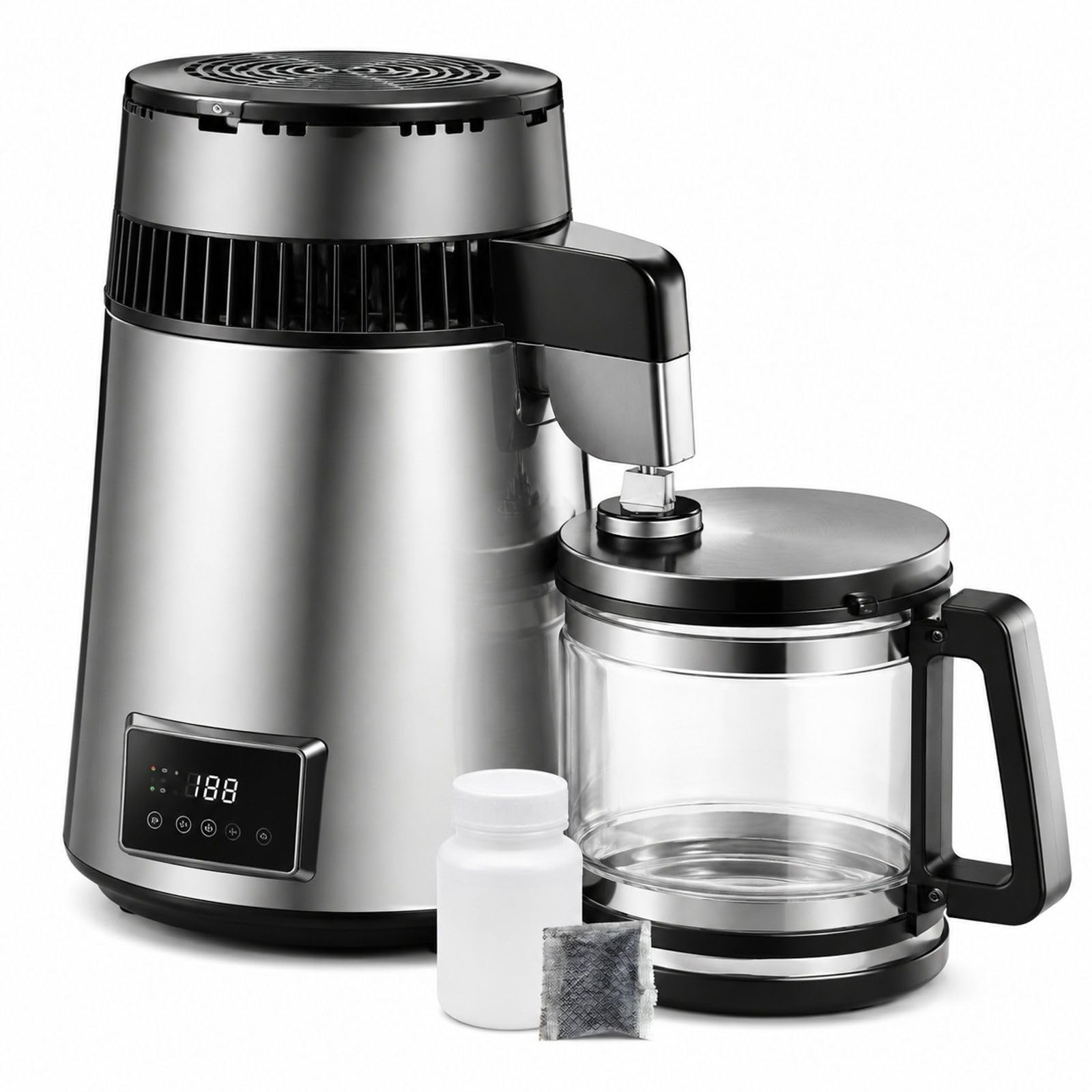 Wasserdestilliergerät 4 L 750 W aus Edelstahl mit Glasflasche für Zuhause und Büro