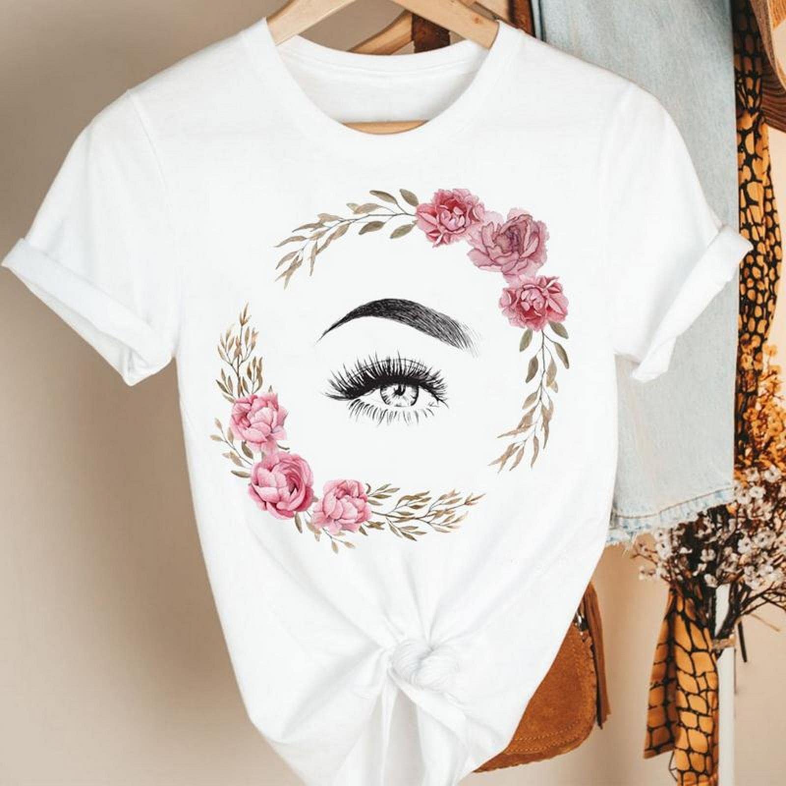 MOGSA T-shirt d'été à manches courtes pour femmes - Joli œil de cils - Dessin animé - 20, M