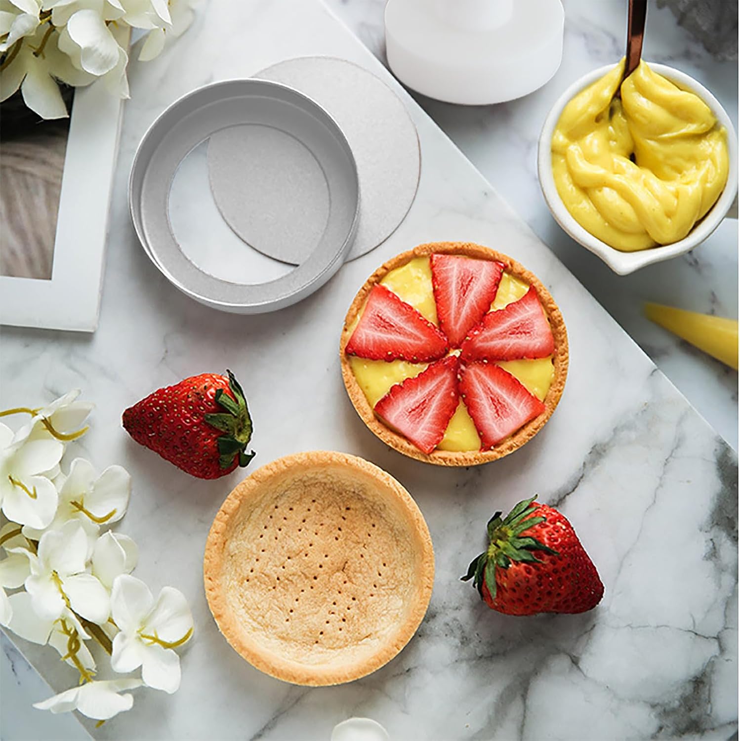 Mini Tart Pans with Removable Bottom Set of 4, Mini Tart Mold With Tart Tamper Non-Stick Egg Tart Mold Tartlet Pans for Baking Mini Tart Shells French Fruit Tart Cheesecake Muffin, 3.15inch