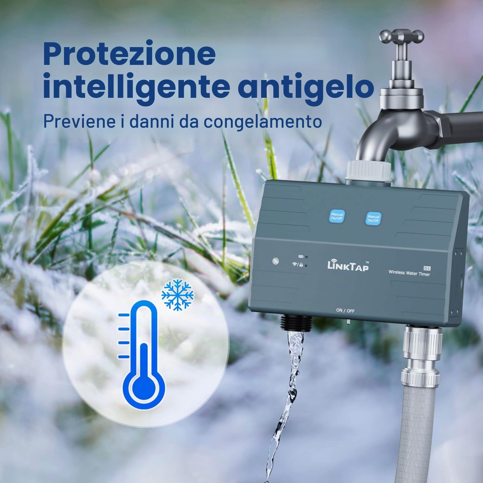 LinkTap D1 Timer Irrigazione 2 Vie (Richiede Gateway), Antigelo, IP66 | Programmatore 2 Zone per Giardino, Prato e Orto, 2 Contalitri, Rilevamento Guasti, Adattamento Meteo, Rete Mesh, App Smart