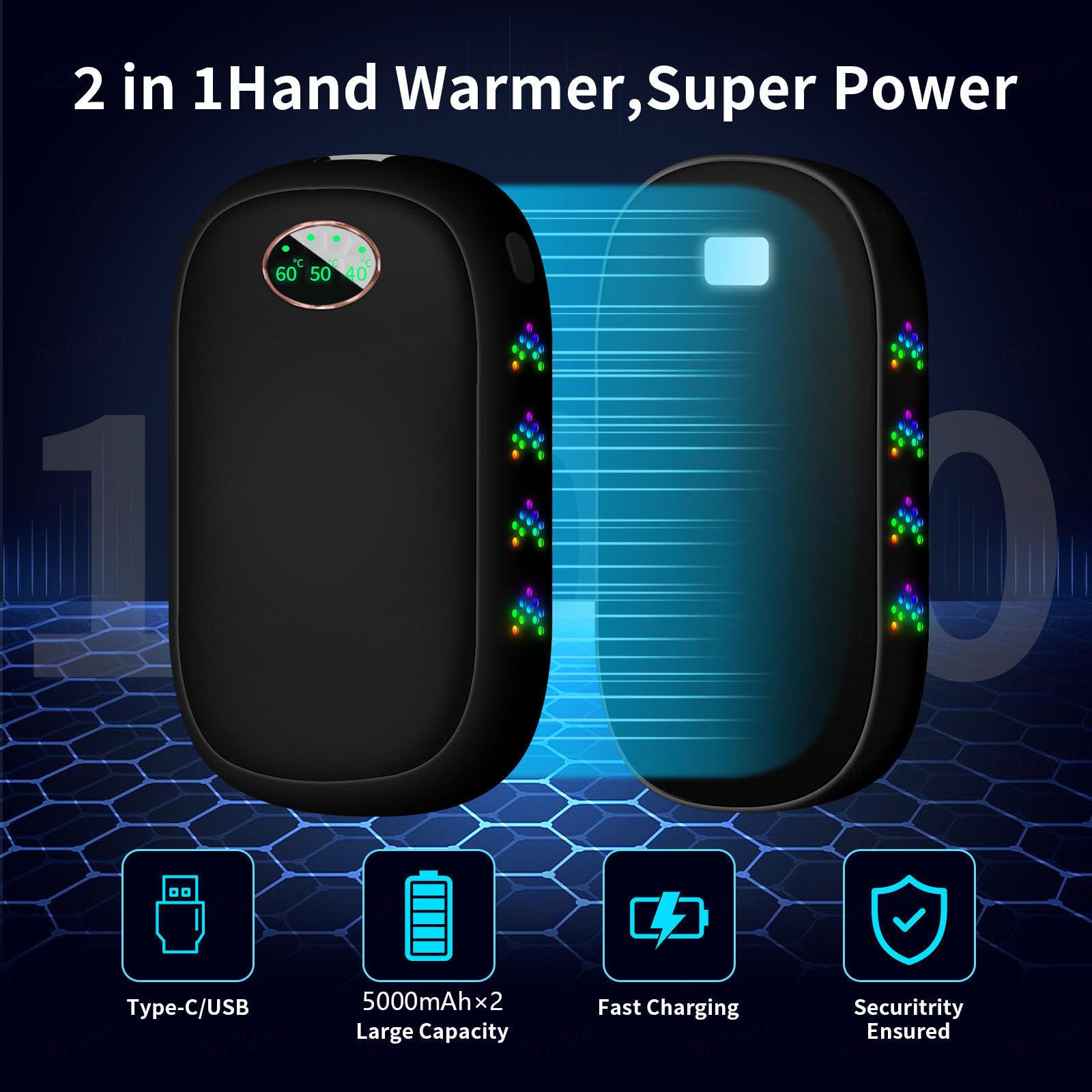 Scaldamani elettrici Ricaricabili 2 Confezioni da 10000 mAh, scaldamani da Campeggio USB-C/10 Ore di Calore, 3 Livelli di Calore Fino a 140 ℉, Regali Caldi all'aperto per Uomini, d