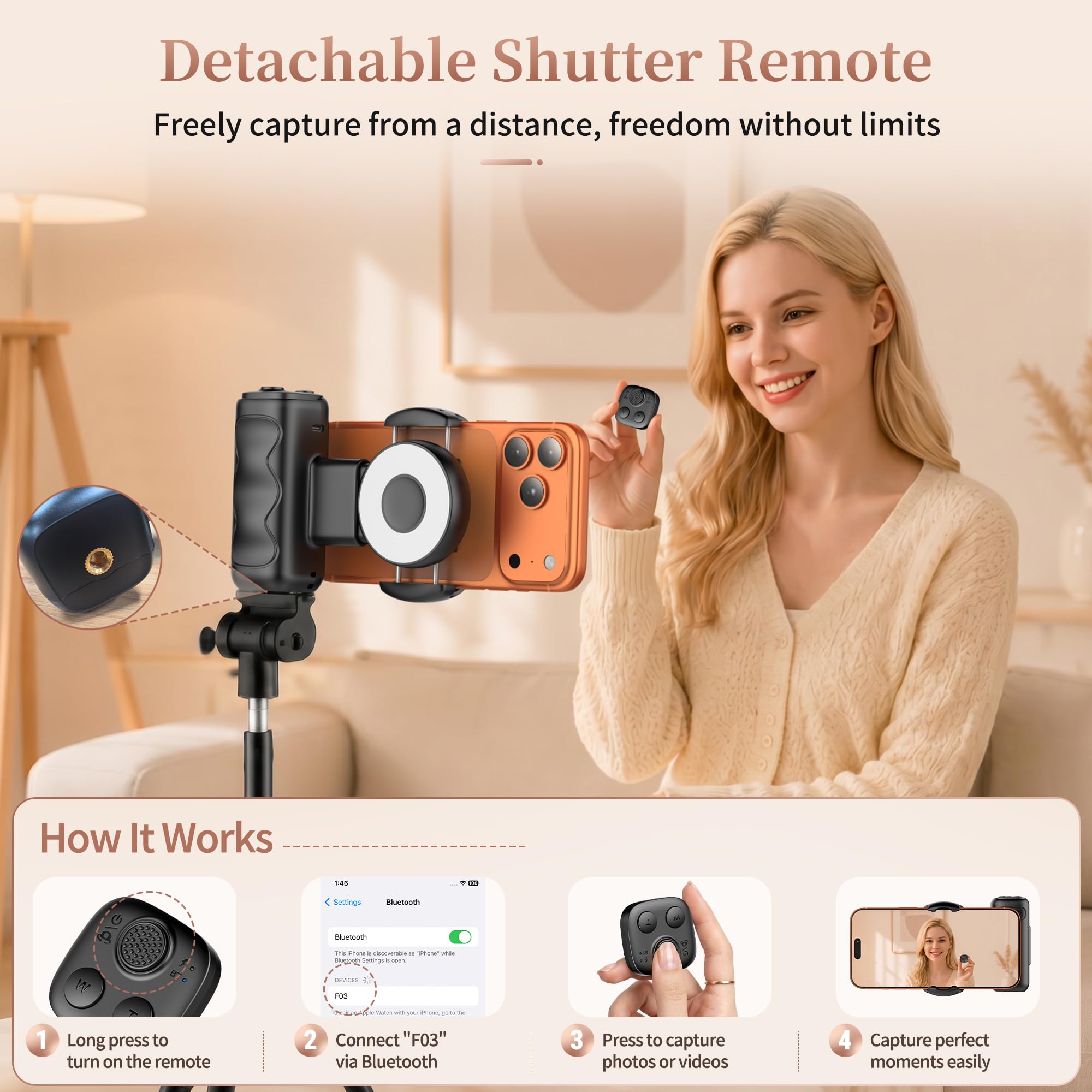 Foluu Agarre de cámara de mano para smartphone con luz de relleno LED, soporte de clip giratorio de 90°, obturador remoto BT, soporte listo para trípode para selfies, vlogging
