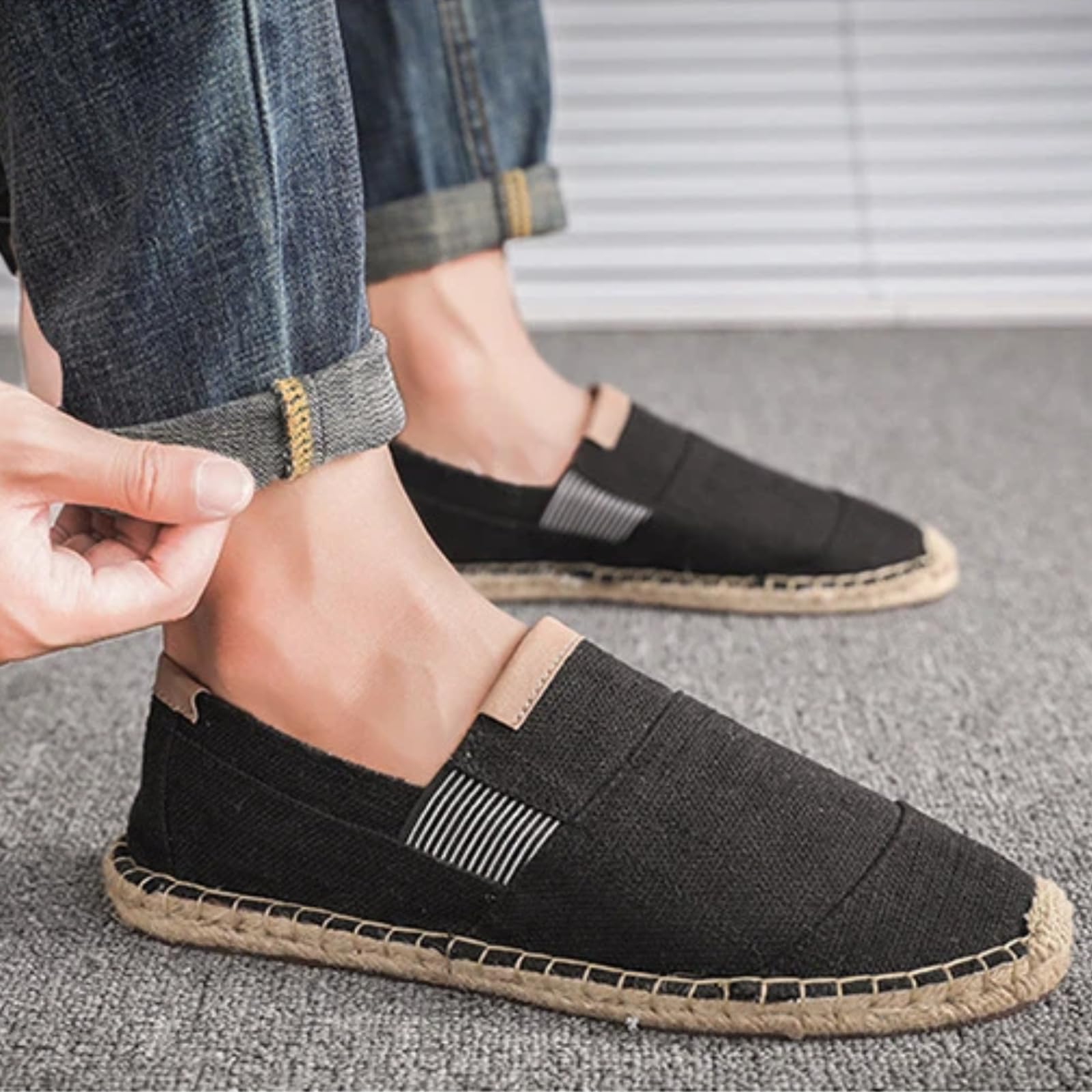 Scarpe Uomo Lino Tela Espadrille Pescatore Casual(Nero,42)