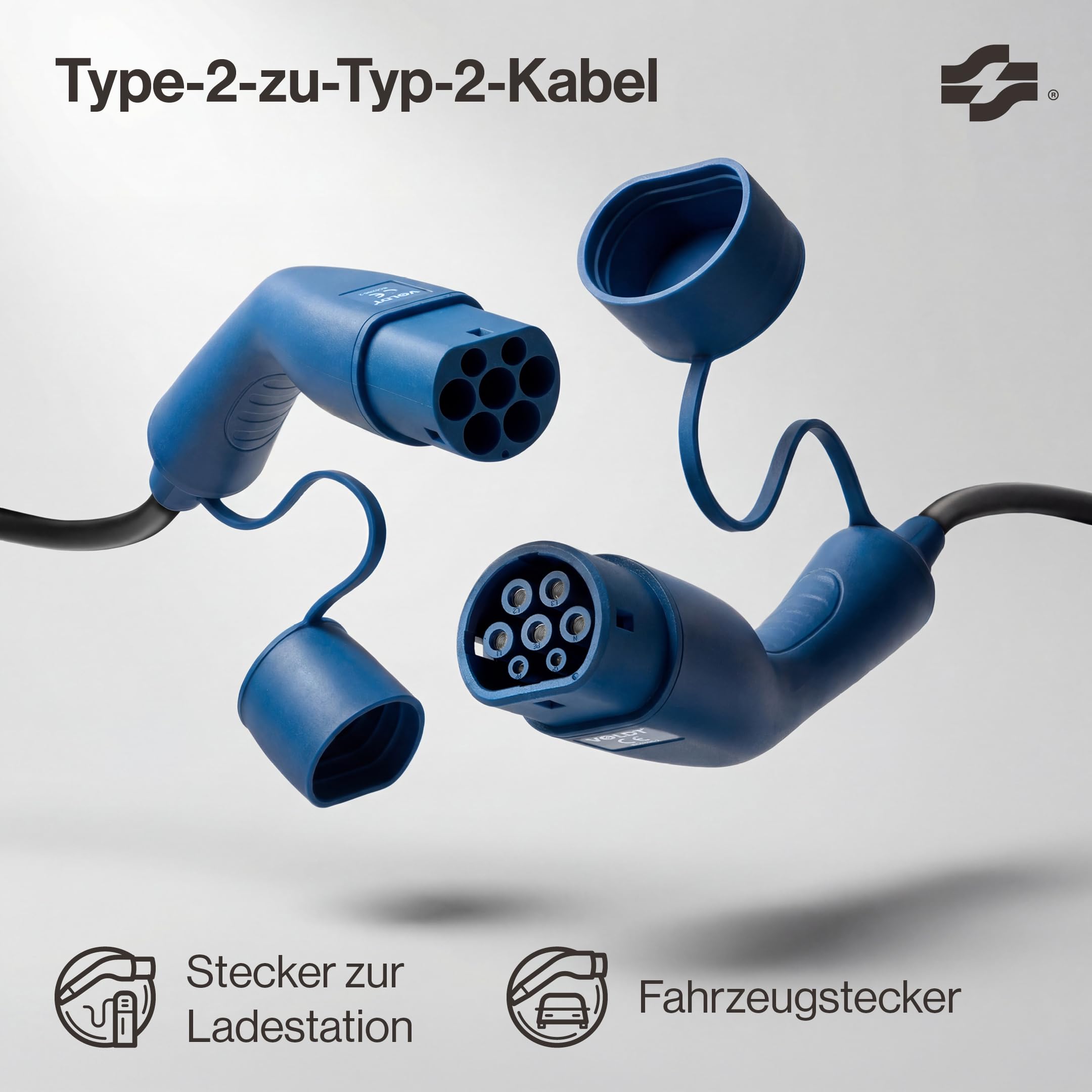 Voldt Ladekabel Typ 2 11 kW 16 A dreiphasig für Elektroautos EV PHEV, Typ 2 zu Typ 2 Modus 3, Geeignet für Modelle S/X/Y/3, ID.4, E-Tron, e-208, I4, IX1, Zoe, etc. Schutzklasse IP67