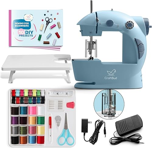 CraftBud Mini máquina de coser para principiantes, máquina de coser portátil de doble velocidad para niños y adultos con mesa de extensión, juego de