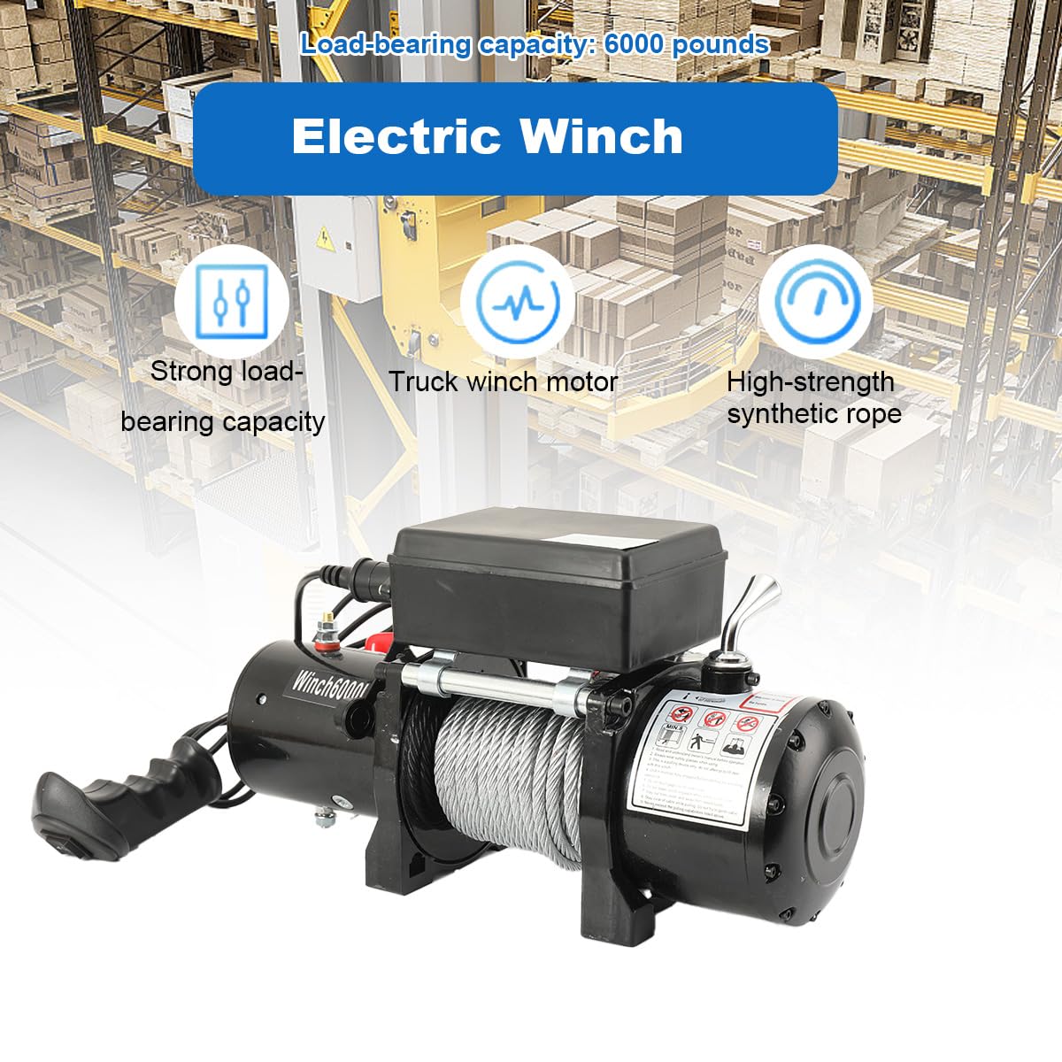 Elektrische Seilwinde 12V, 6000lbs/2722kg, mit Funkfernbedienung | 1600W Motorwinde Seilzug Elektrowinde, mit 12m Seil, für ATV UTV, LKW, Nutzfahrzeuge, Anhänger, Offroadwinde