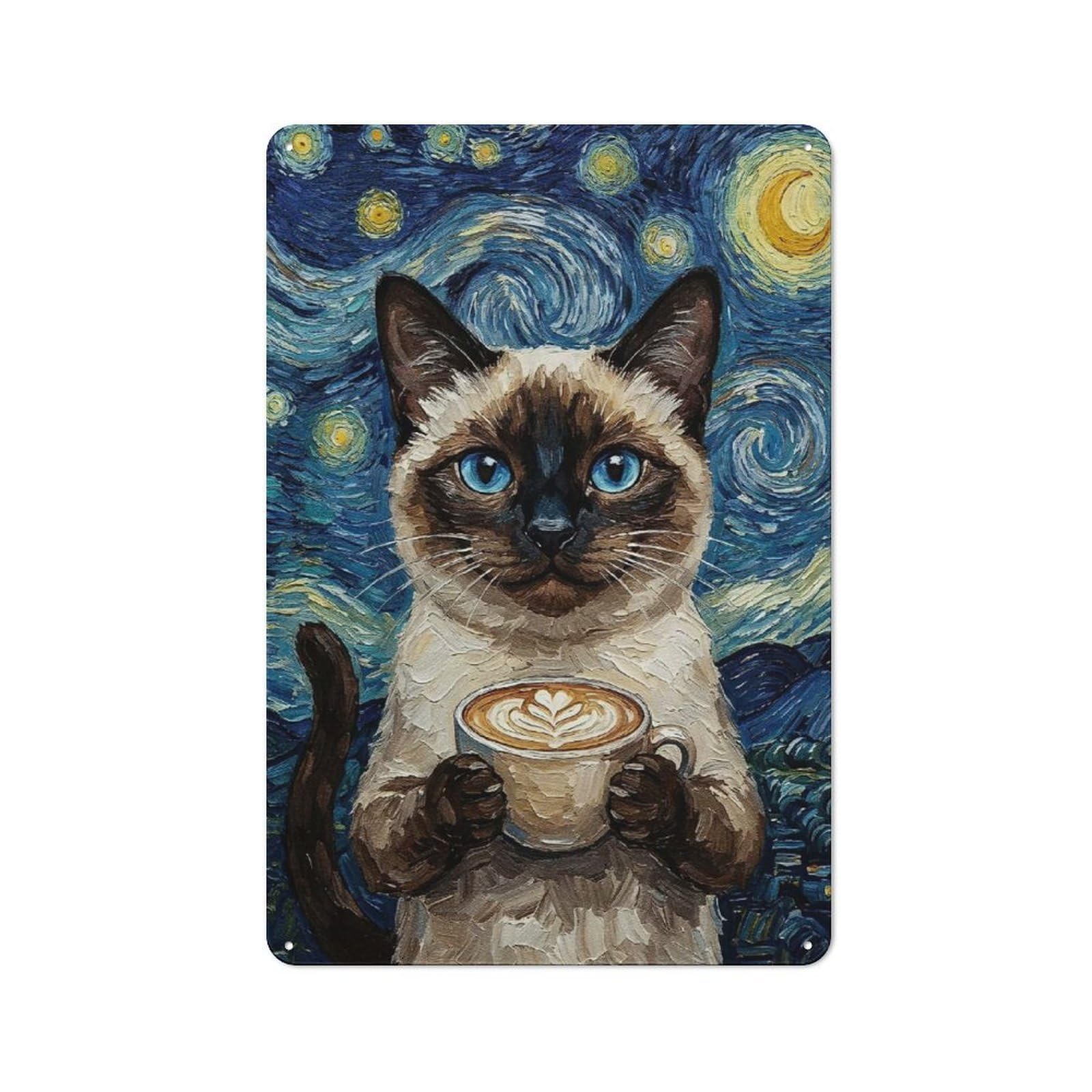 Junmoney Style-20 Metal Wall Sign 30X20cm Featuring Siamese Cat With Coffee, Starry Night For Workshop Wall, For Room Styling Across Workshops And Hobby Rooms