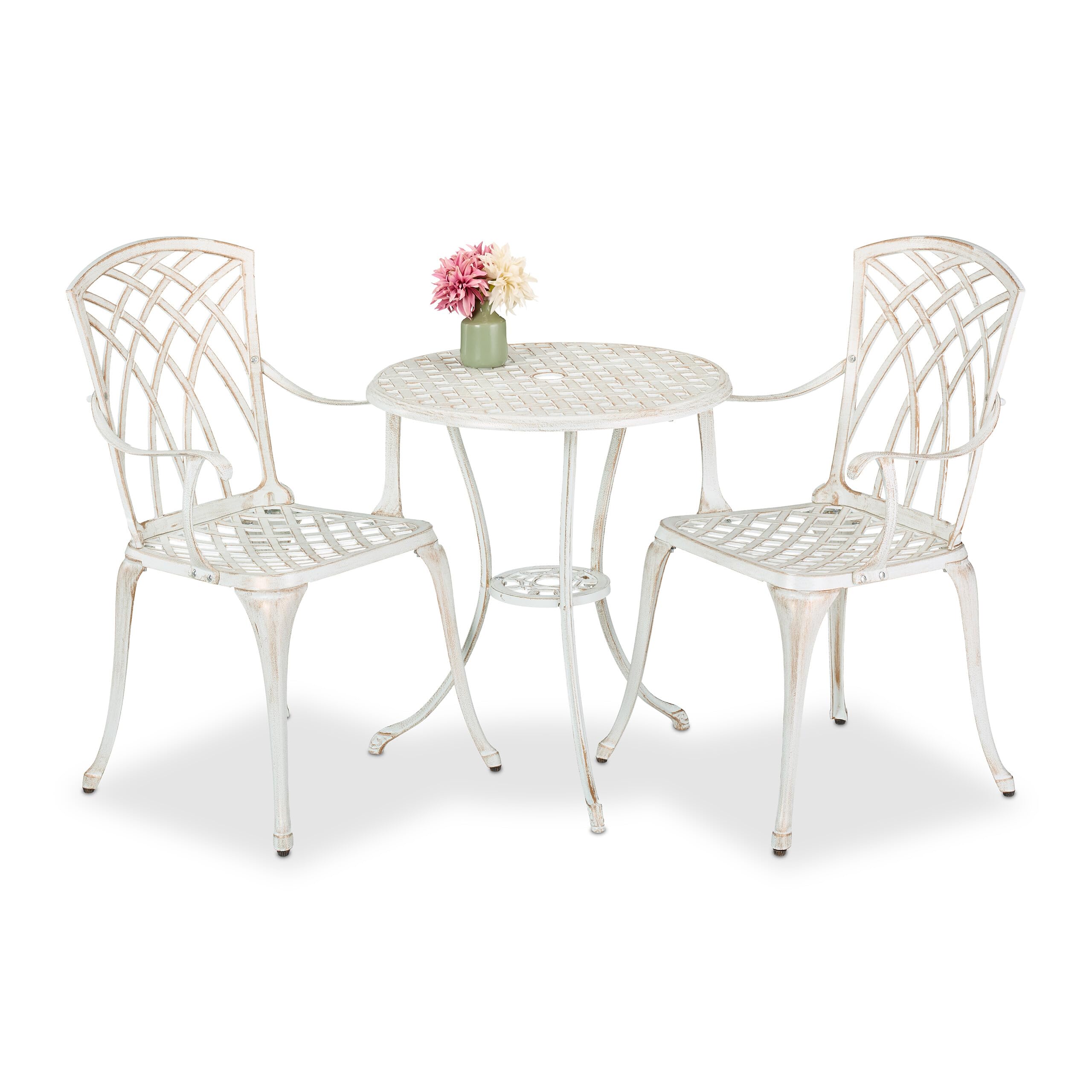 Relaxdays Salon de Jardin pour 2 Personnes, Table avec 2 chaises, Fonte d'aluminium, Design Antique, Blanc et Bronze