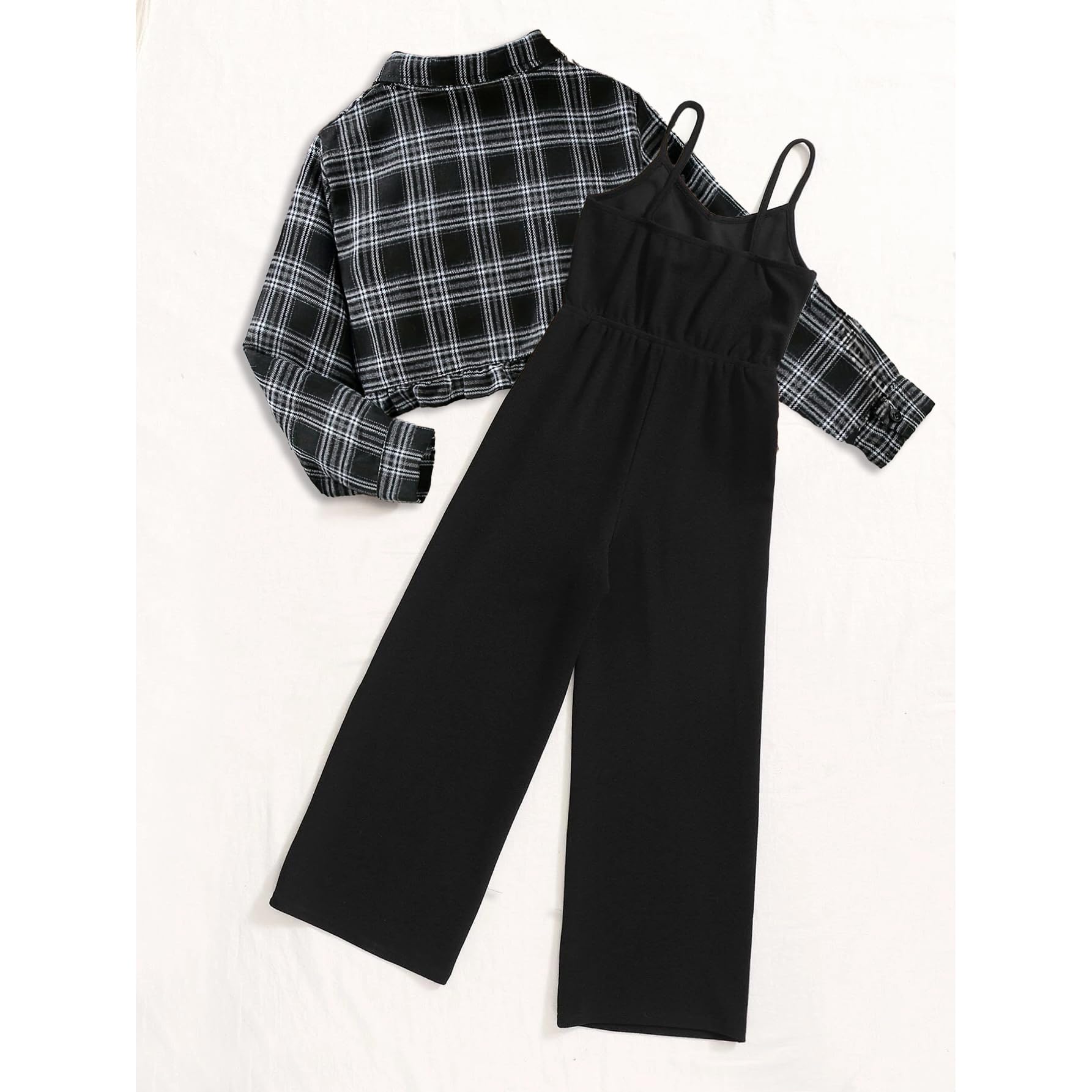 Conjunto de 2 piezas para niñas de otoño a cuadros, manga larga, con botones, camiseta corta y pantalones de camisola de 7 a 13 años
