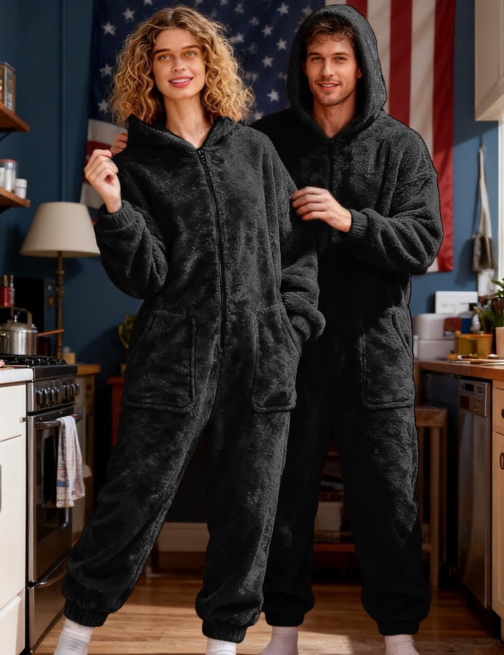XIGUAGUO Adult Onesie Pajamas for Women, Womens Fuzzy One Piece Zipper Hooded Playsuit Loungewear