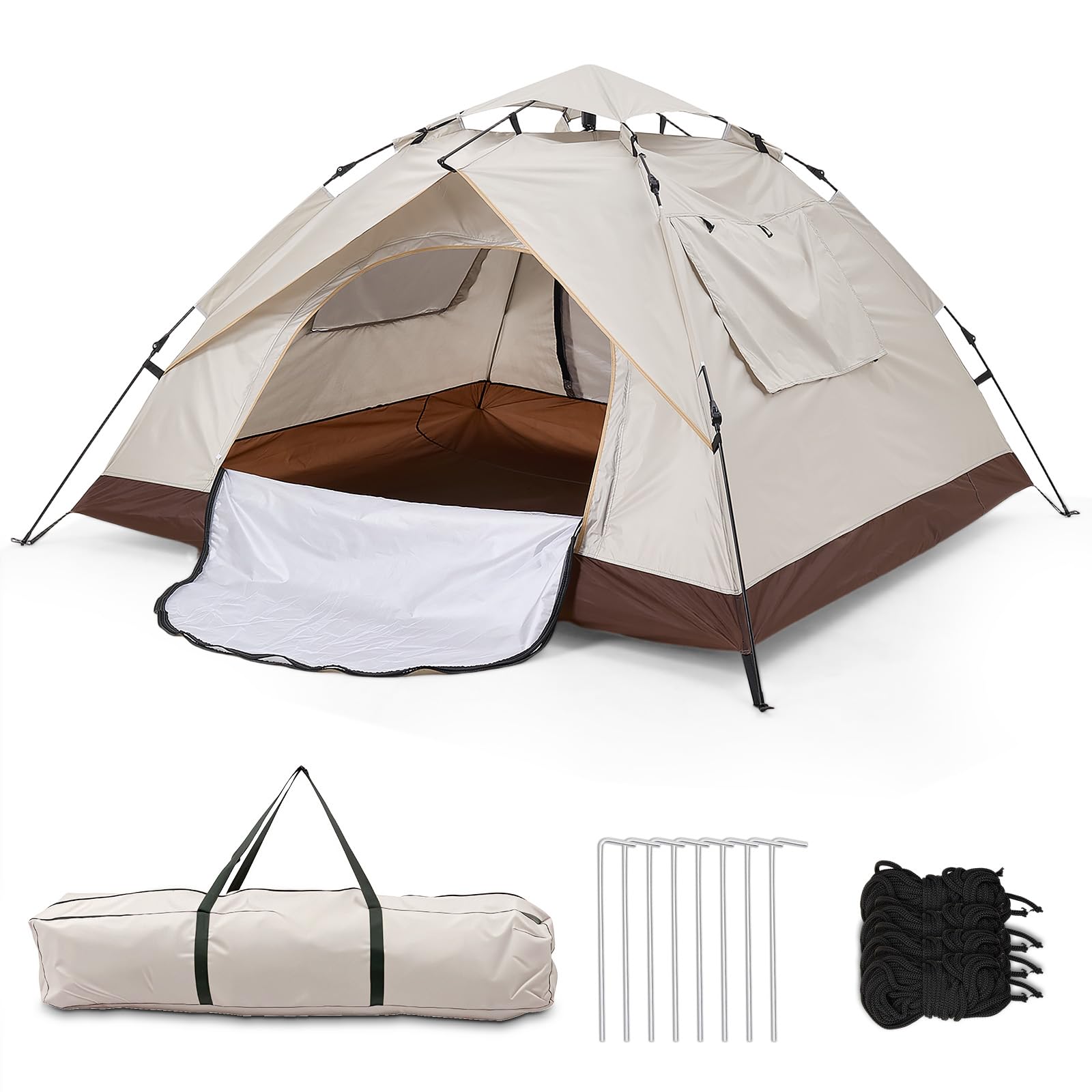 Warmiehomy Camping Tent, 3-4 Person Pop up Tent, Automatic Waterproof Dome Tent with 2 Mesh Doors, 2 Mesh Windows, Roof Skylights, Outdoor Camping Tents for Garden Fishing Picnic, Gold