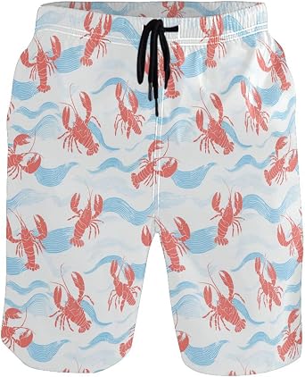 Red Lobster Ocean Wave Mens Boys Novelty Beach Shorts Swim Trunks Summer Quick Dry Bathing Suits S