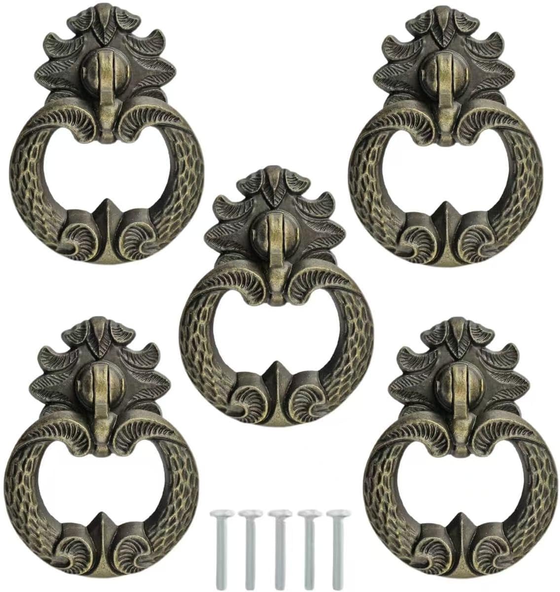 5 PCS Vintage Bronze Knobs Pulls Handles Antique Drawer Pull Ring Single Hole Decorative Hardware with Screws for Furniture Cabinet Cupboard Dresser Wooden Box