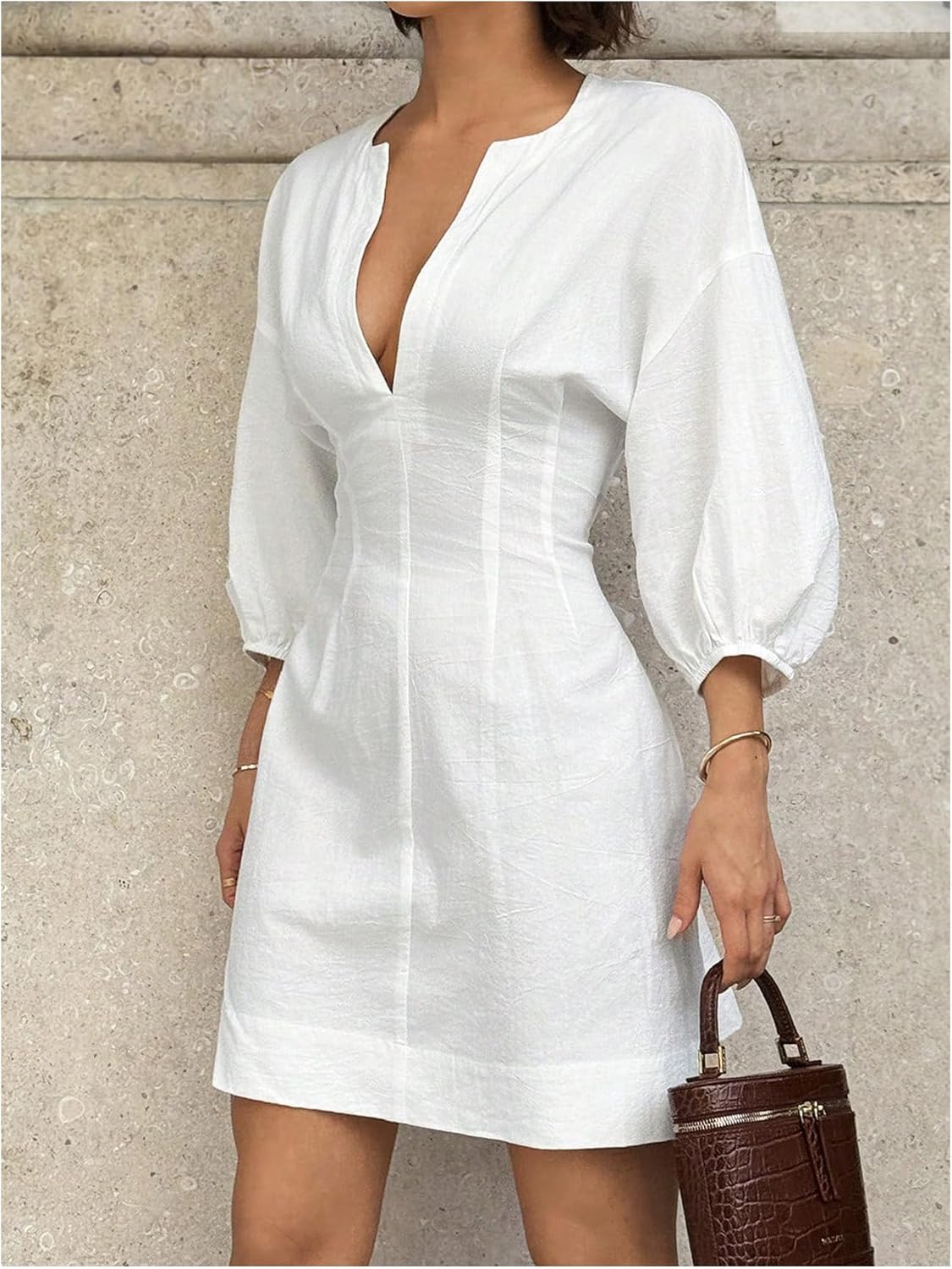 Milumia Women's Notch V Neck Bishop Sleeve Linen Shirt Dress Cinched Waist A-Line Short Dresses Old Money - Image 2