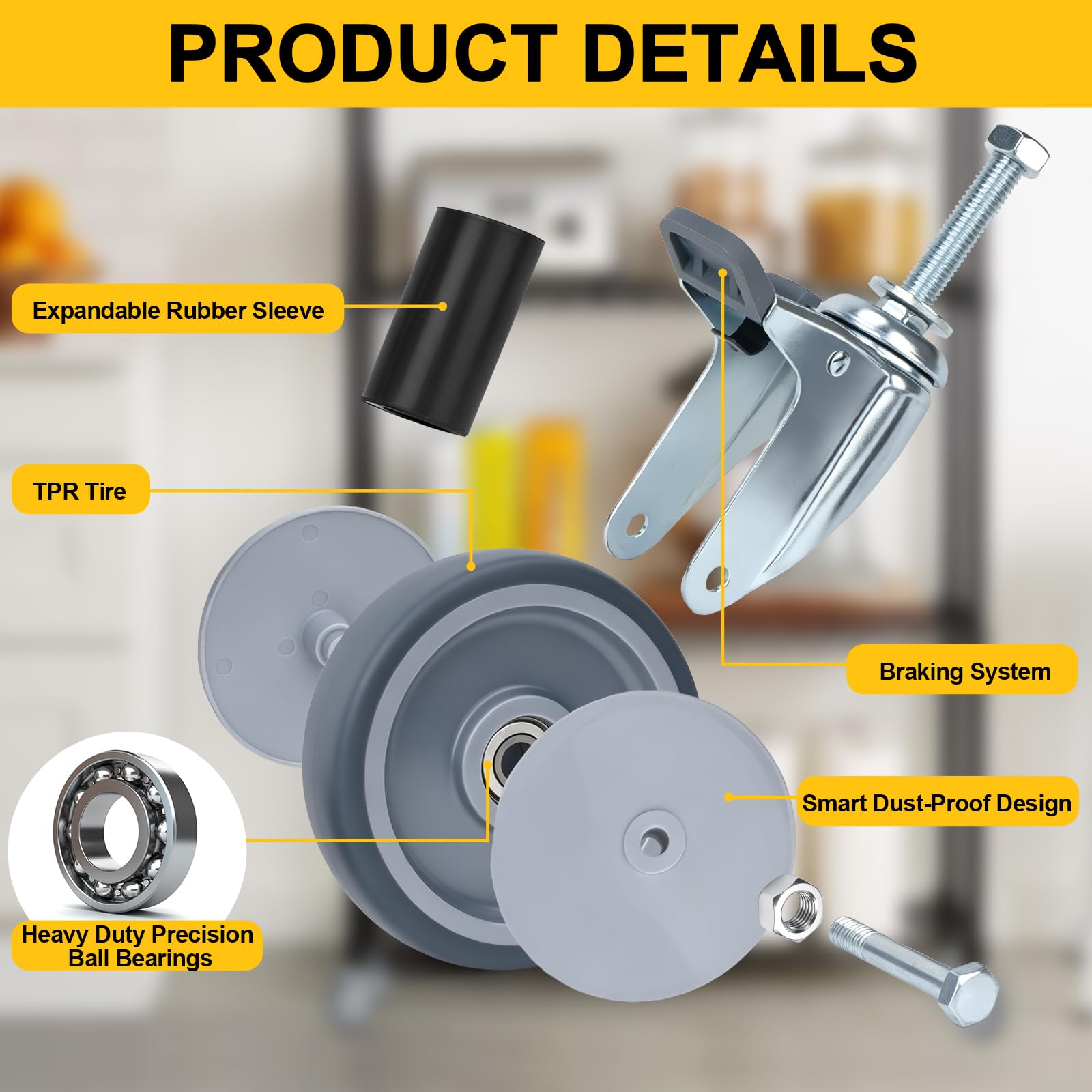Set di 4 ruote con stelo estensibile da 2 pollici, ruote per scaffalature in filo metallico con freno di bloccaggio, ruote girevoli adatte a gambe tubolari da 7/8", 1", 1-1/8" per tavoli, carrelli e