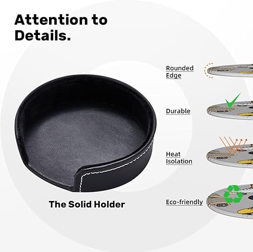 Miniatura 3 de 6 posavasos redondos de cuero con soporte y divertidos estampados para bebidas, almohadilla para protección de mesa, accesorios de escritorio,