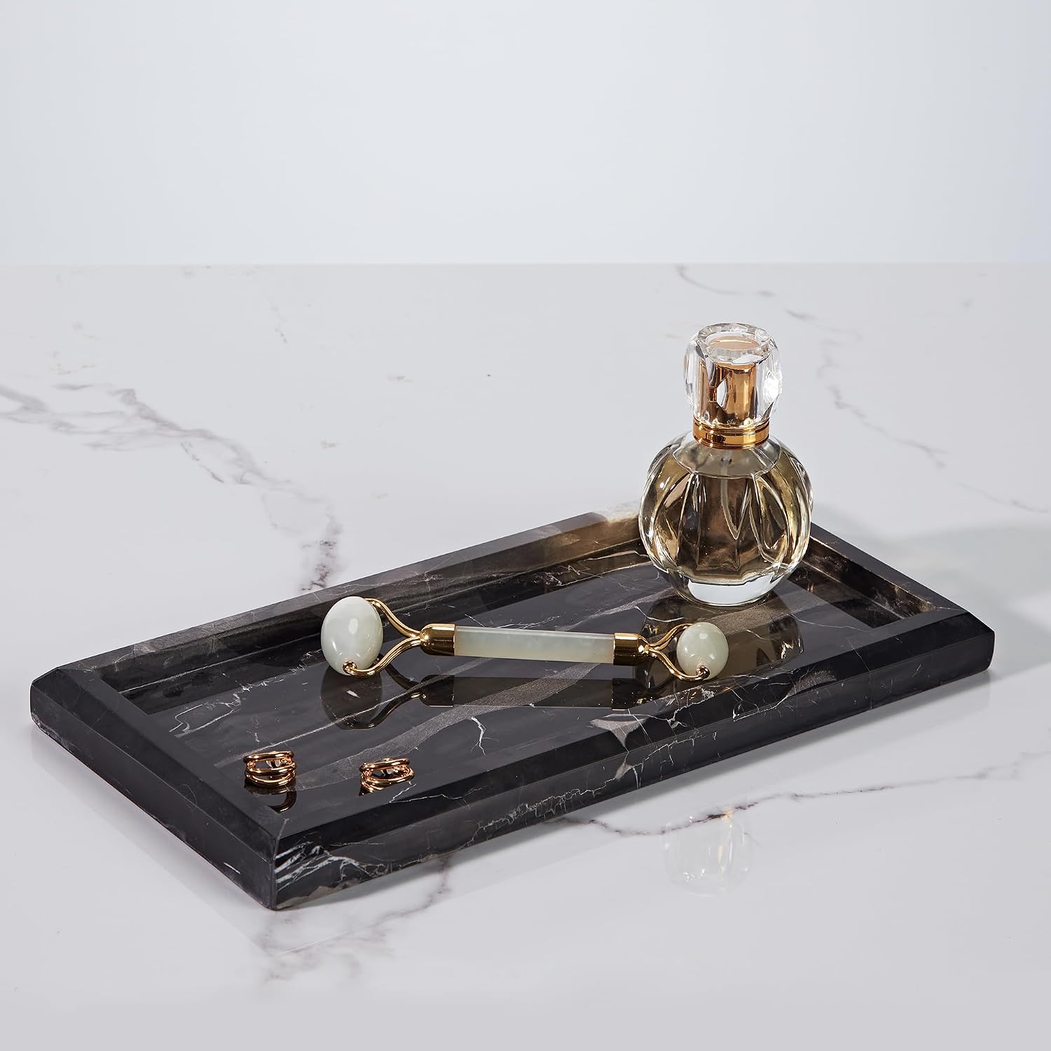 Black Marble Tray for Bathroom, Organic Natural Texture Marble Catchall Tray, Rectangular Durable Heavy Duty Jewelry Storage Platter, Countertop Organizer for Dresser, Home Decor