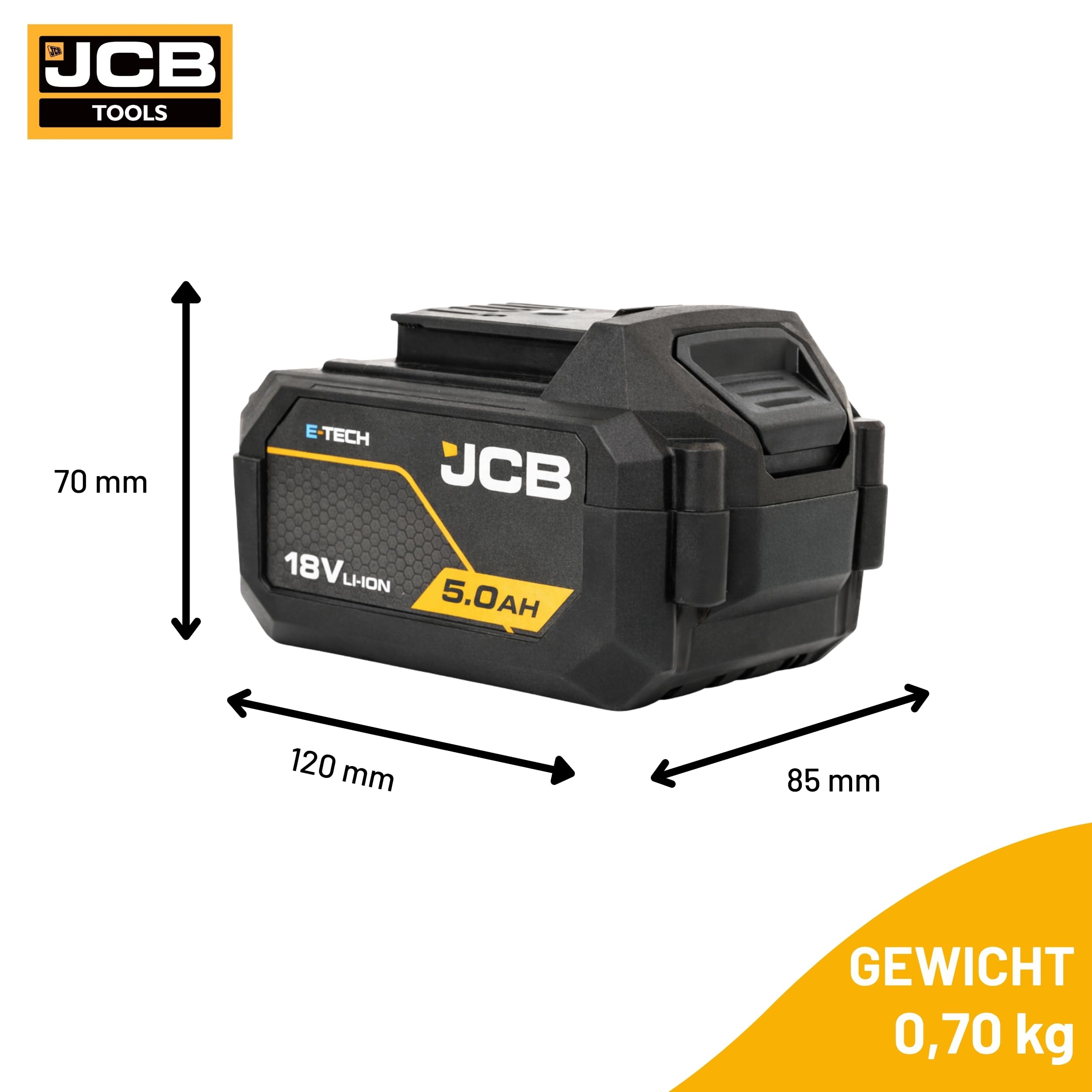 JCB Professional 18V Akku 5,0Ah Li-Ion Ersatzakku mit Langer Laufzeit bis 120 Min für JCB Elektrowerkzeuge Akkuschrauber Schlagschrauber JCB-18LI-5