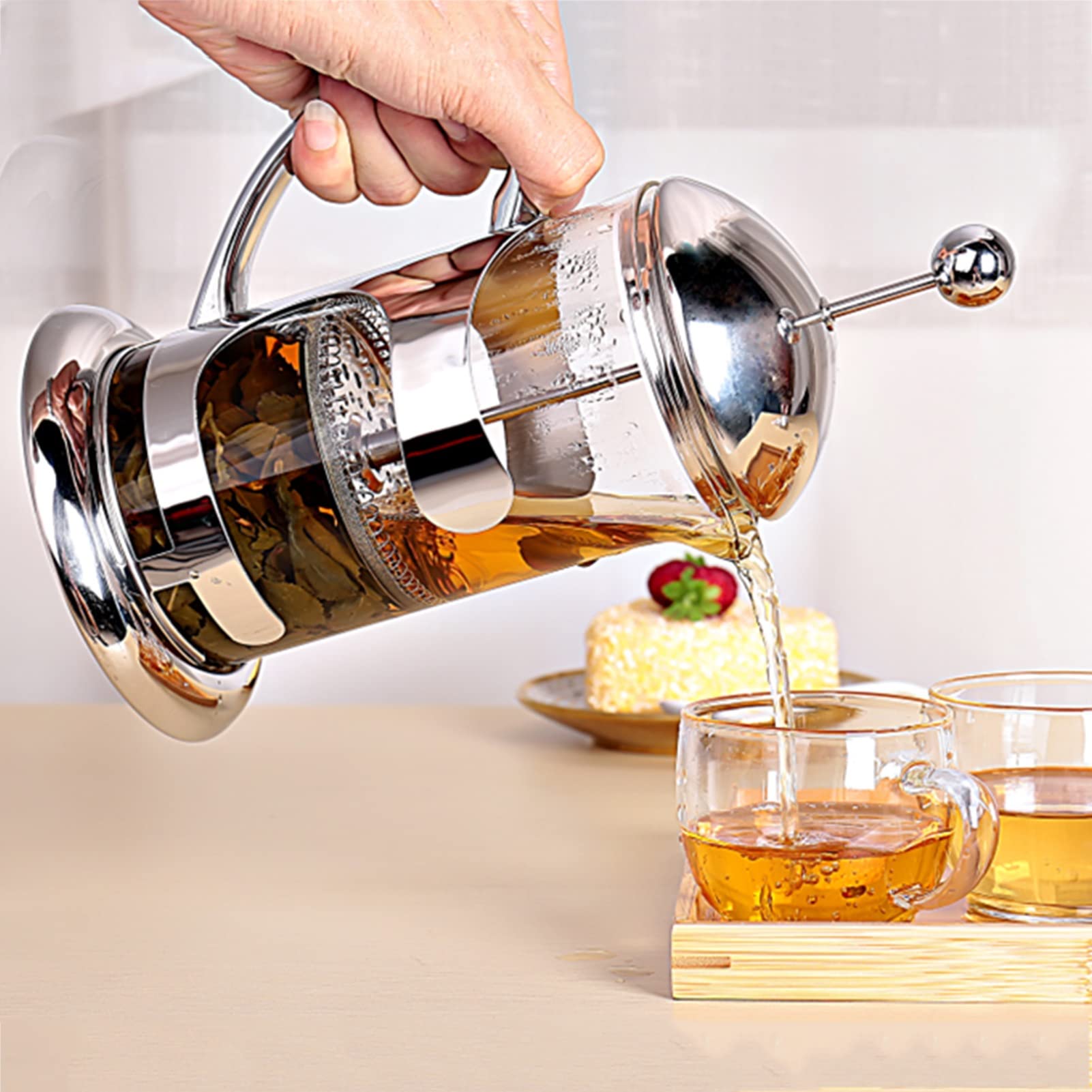Caffettiere A Pistone, Caffettiera Francese in Acciaio Inox 304 con Sistema di Filtrazione A 3 Livelli, French Press Teiera Vetro Borosilicato, Resistente al Calore Durevole, Facile da Pulire