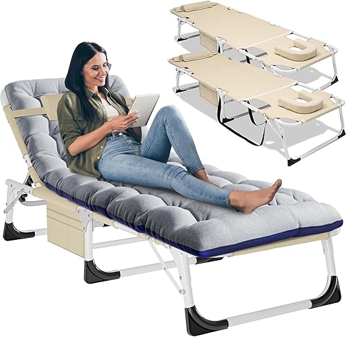 Miniatura 35 de LILYPELLE Tumbona plegable con colchón, silla de playa de 5 posiciones con agujero frontal, tumbonas de patio para exteriores, tomar el sol